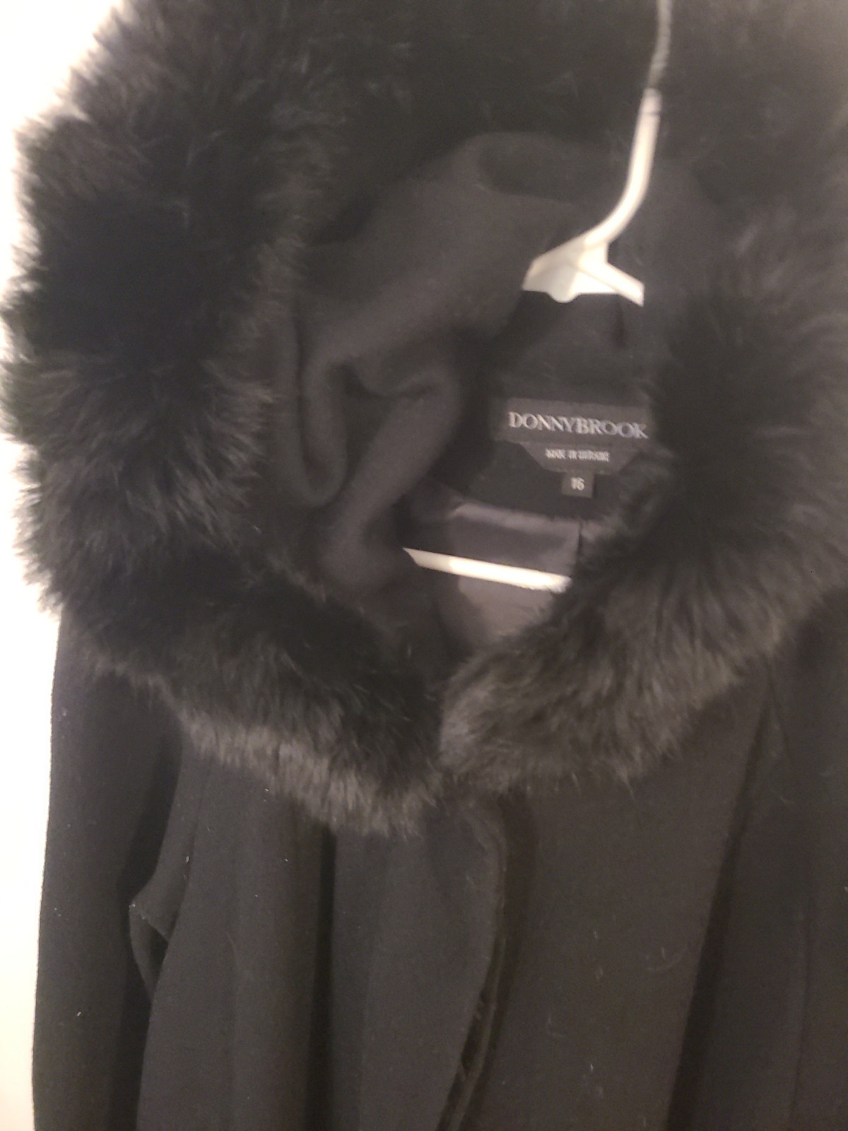 VTG Donnybrook 100% Wool Black Maxi Coat Womens 16 Hood Real Fur Opera Church