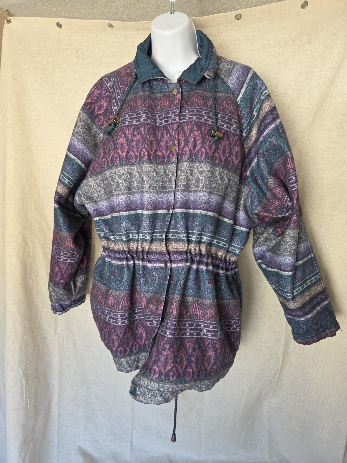 Vintage 1980s Reversible Geometric Tribal Pattern Jacket M Purple Teal Gray