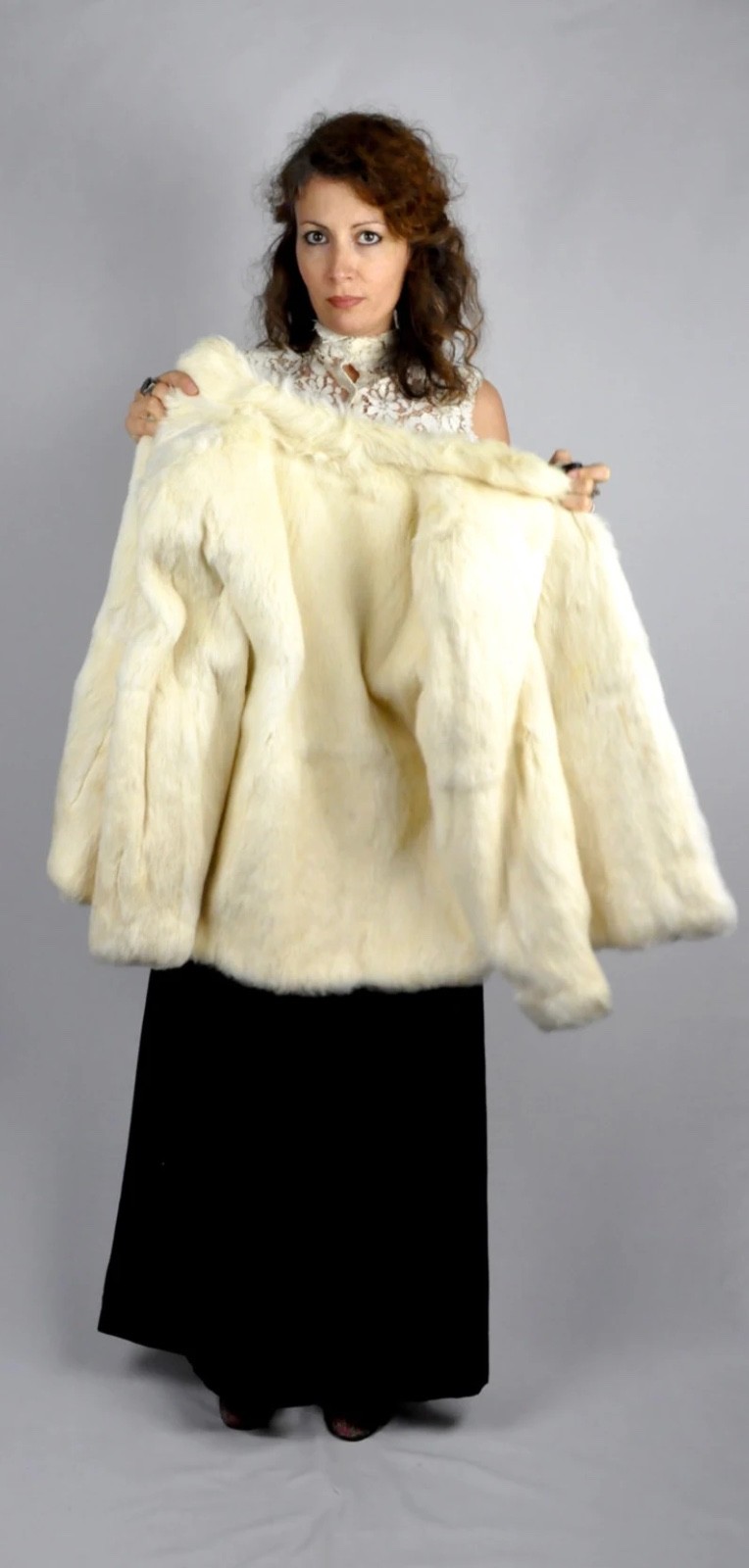 Vintage White Rabbit FUR Coat Jacket Super Soft Genuine Real Fur Ivory S M