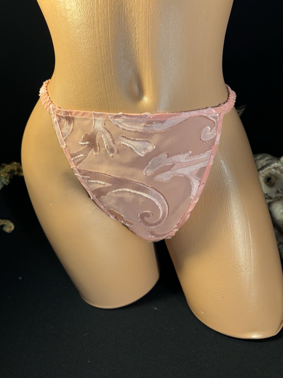 Vtg Satin Soft Burnout Nightie Thong Panties VS Babydoll Damask Sheer Gown Set S