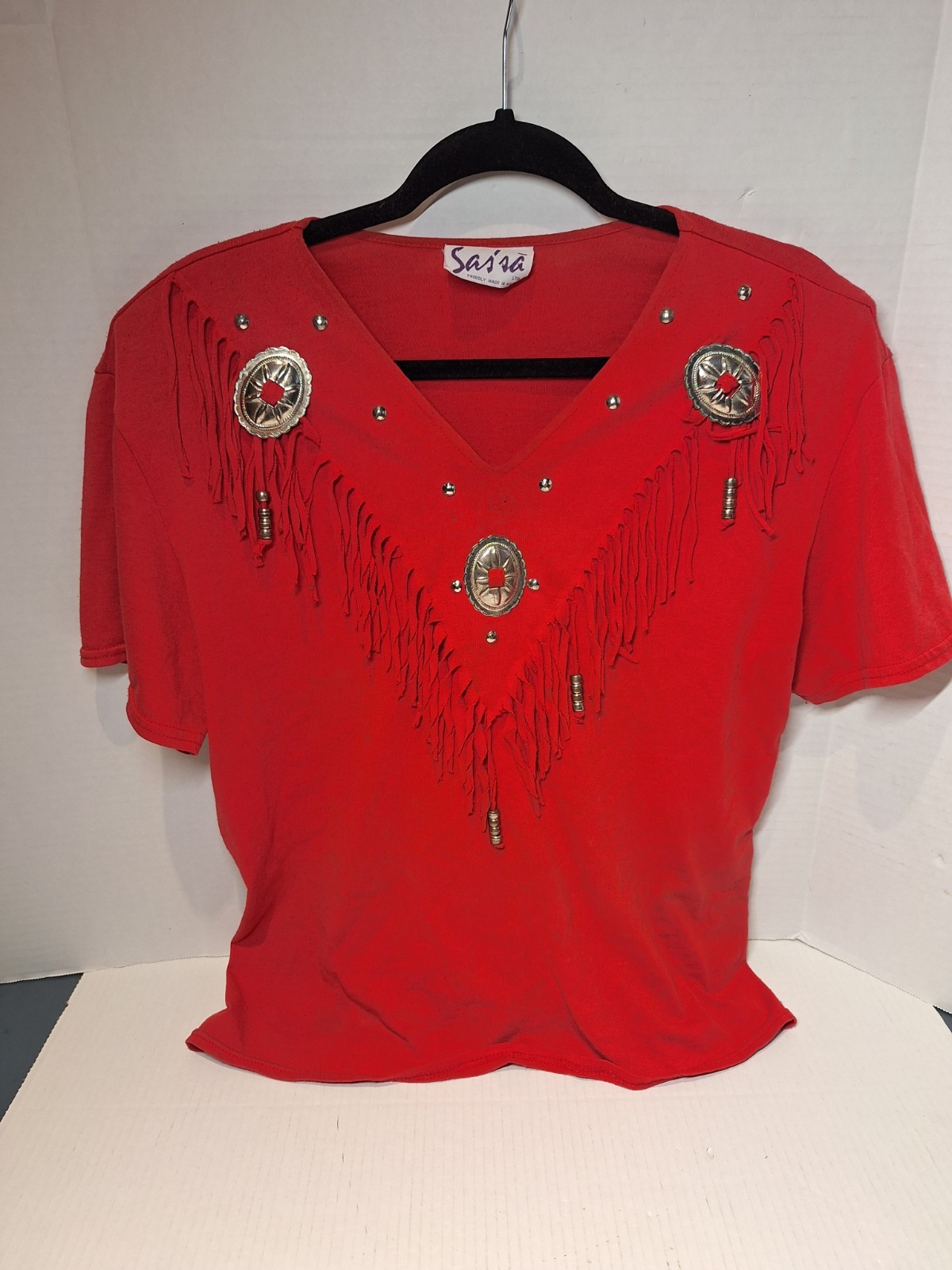 Red Vintage Western Rodeo Shirt w/Concho Fringe Sz Lrg sassa