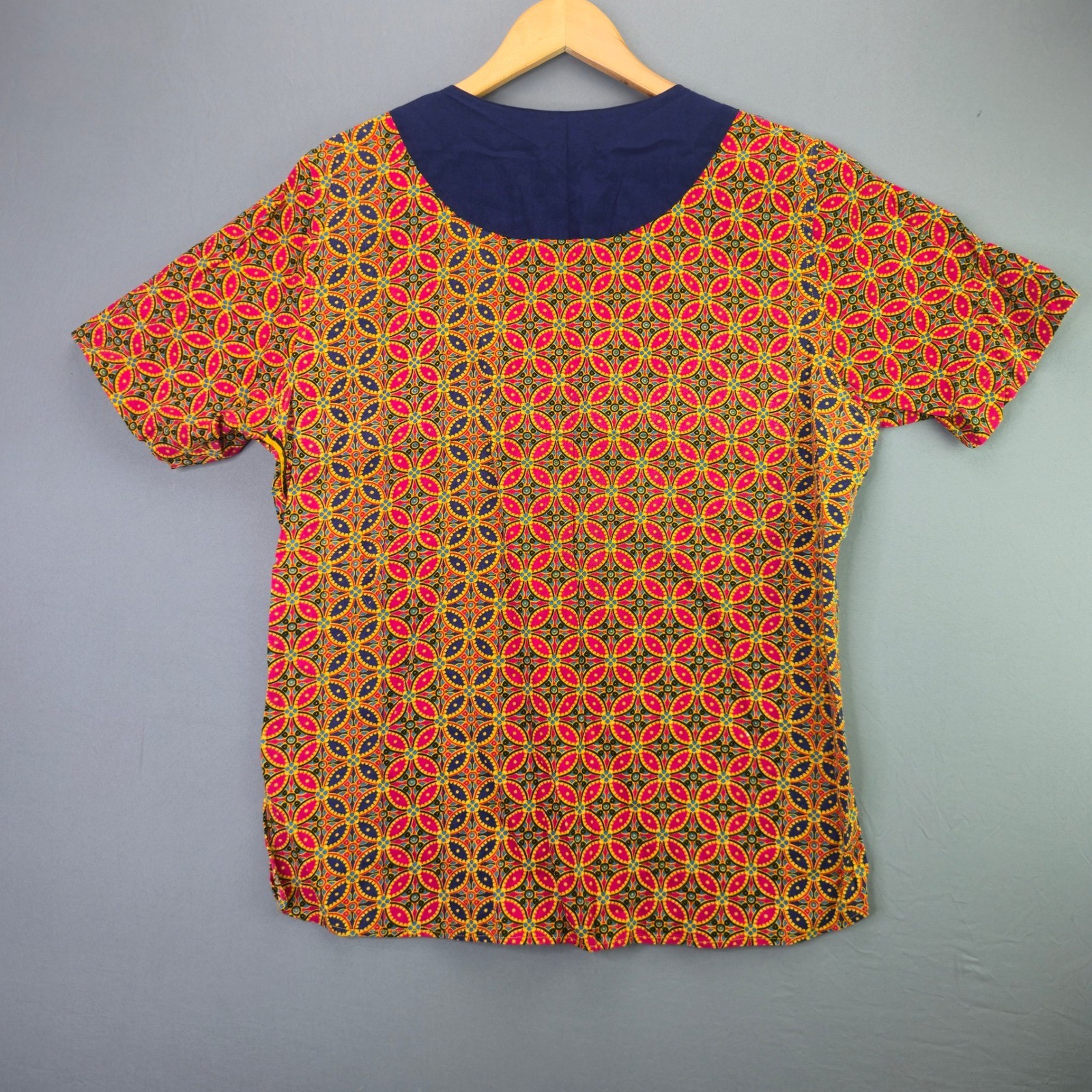 Handmade Vintage Batik Print Top Tunic M Pink Blue V-Neck Short Sleeve 2134