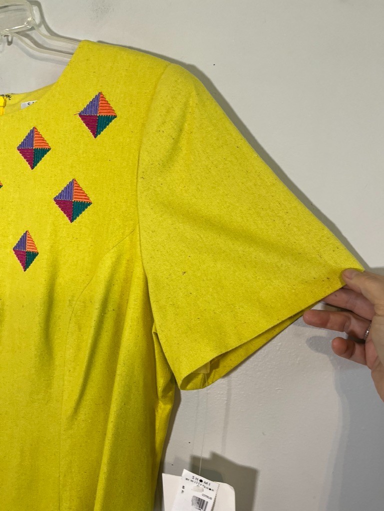 Vintage Silk Shift Embroidery Dress Yellow 20 Boho Indie Folk Classic Preppy 80s