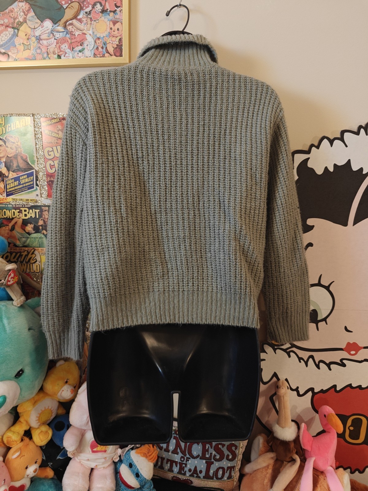 Vtg 60s 50s Khaki Olive Green Cable Knit Collared Cardigan Sweater Preppy Medium