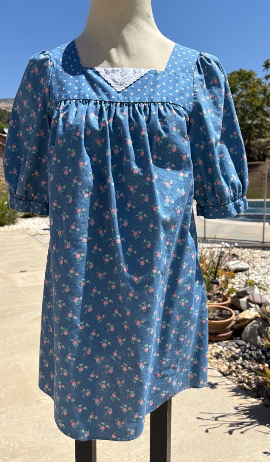 Vintage 80s Calico Babydoll Mini Dress XS/S Blue Cottagecore Prarie Western