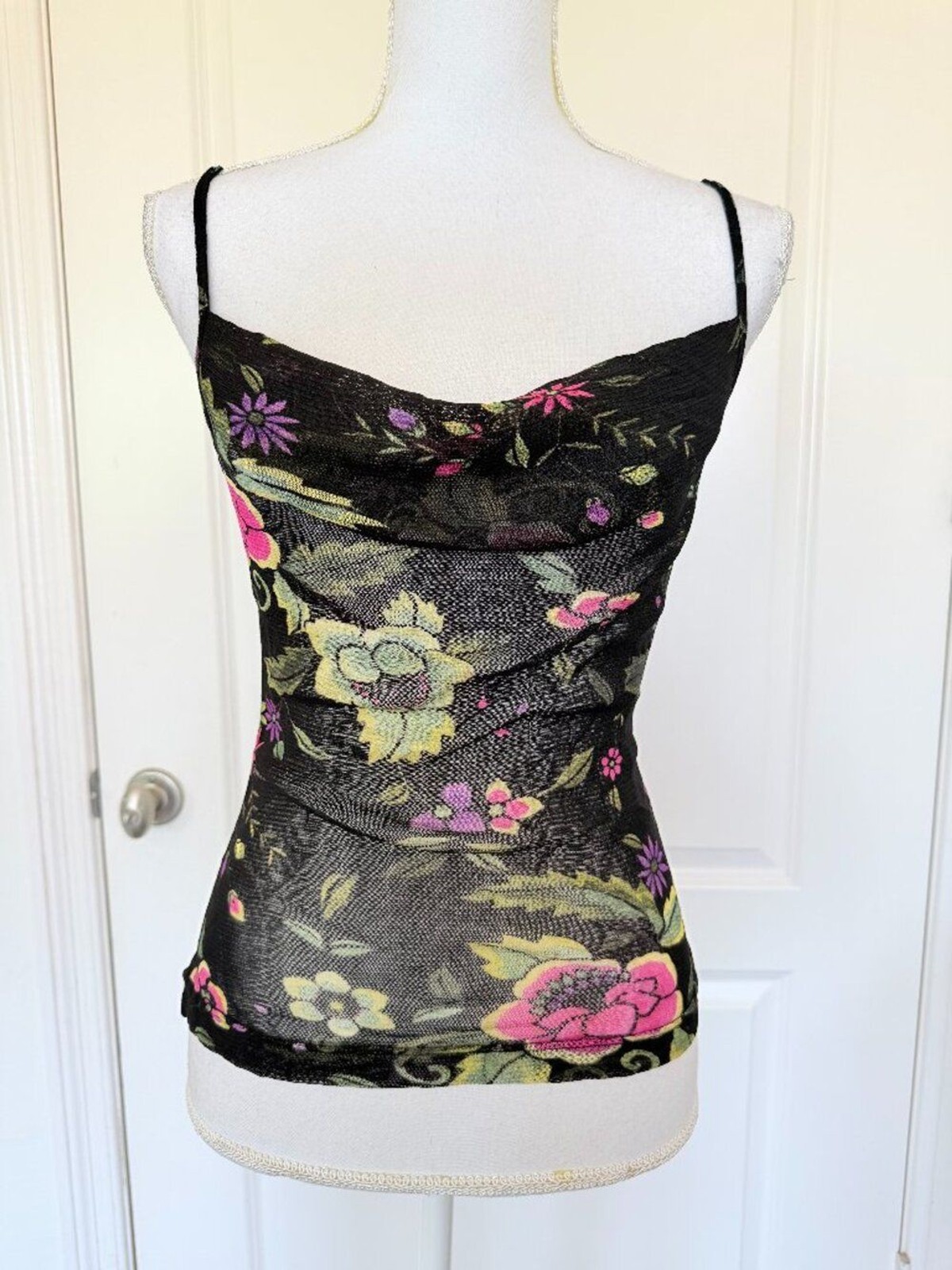 VTG 90s Vivienne Tam Mesh Floral Cami Top Cowl Neck Archival Y2K Size 3