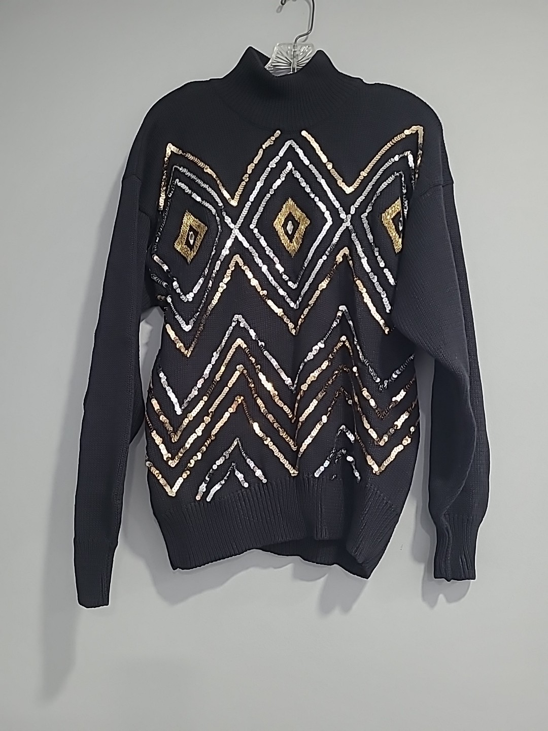 Vtg 80s I.B DIFFUSION WOMEN’S BLACK RHOMBUS SWEATER BEADED SEQUIN 52% Ramie Sz M