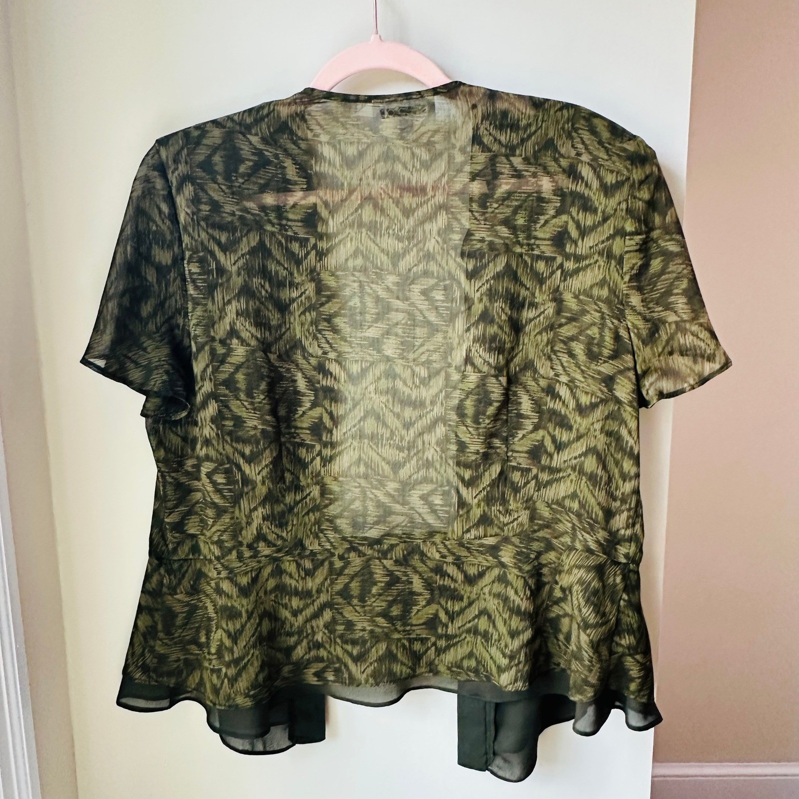 Studio I Vintage Y2K Green Abstract Chiffon Open Front Cardigan Size 16 Boho