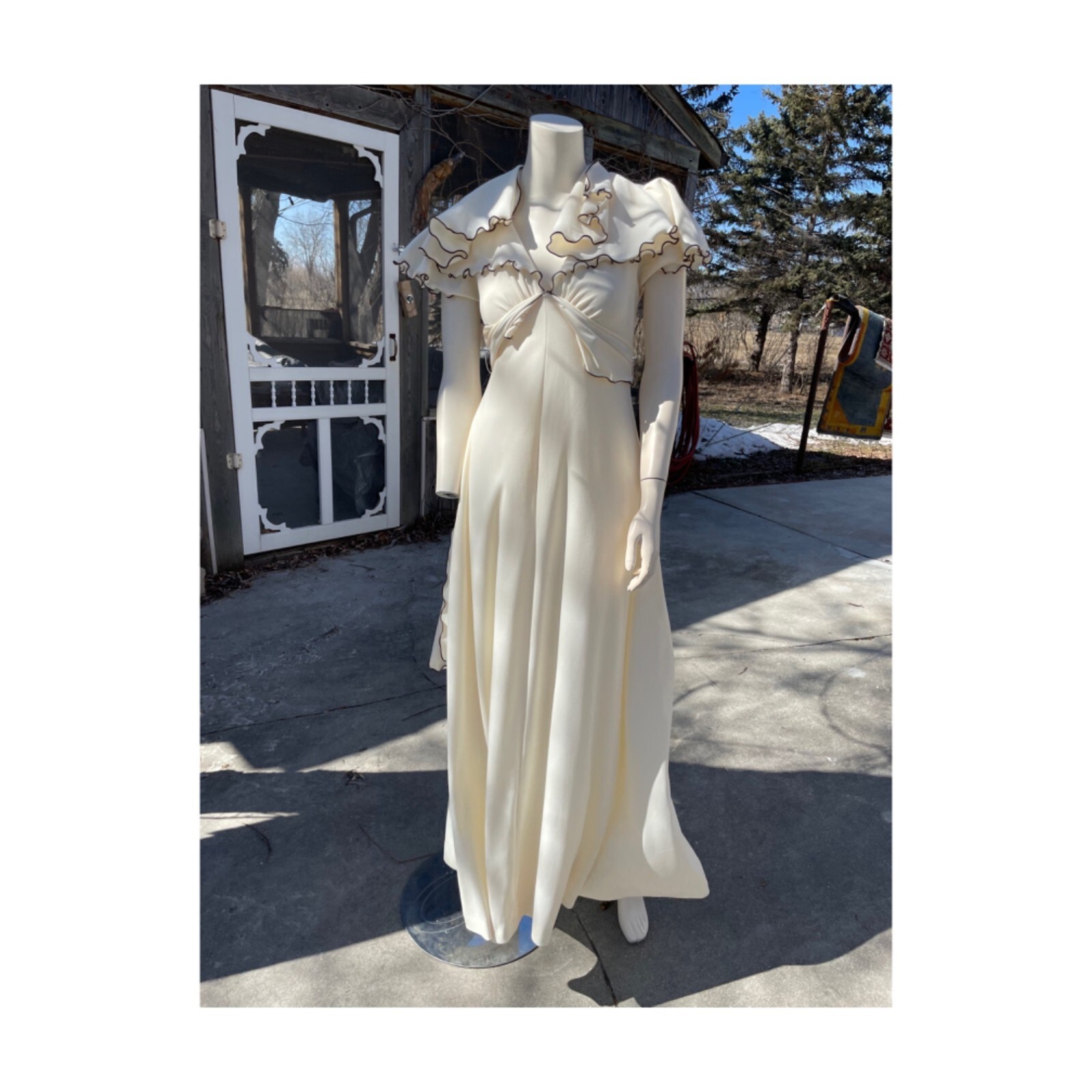 70s Ivory Maxi Dress Brown Ruffle Trim V Neck Cap Sleeve Wide Collar Wide Sash