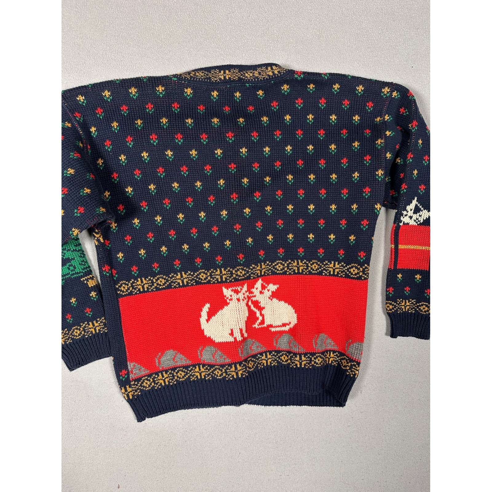 Vtg Sweater Cardigan Womens S Grandma Christmas Cat Knit Cotton Gold Holiday
