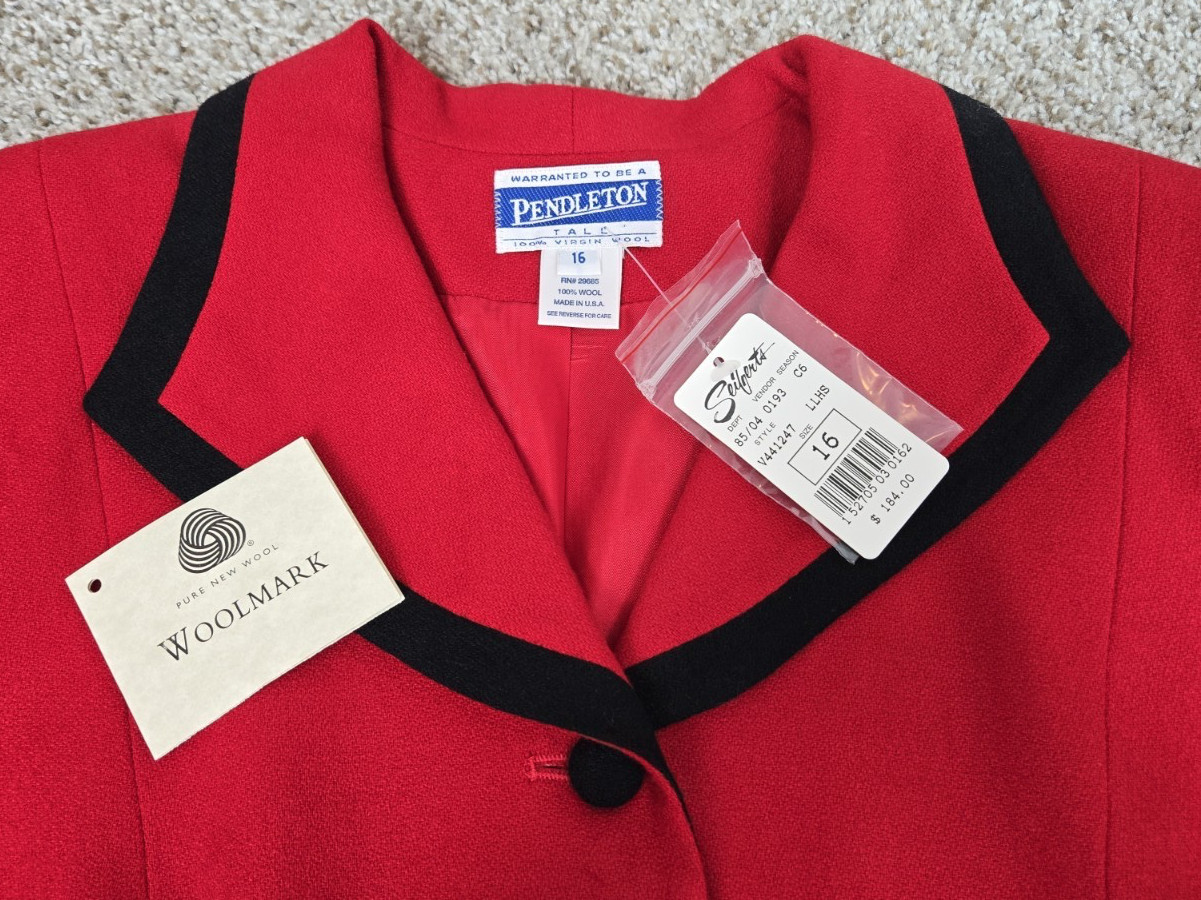 NWT Vintage 70s Pendleton Red Wool Blazer Pockets Lined Business Sz 16 TALL