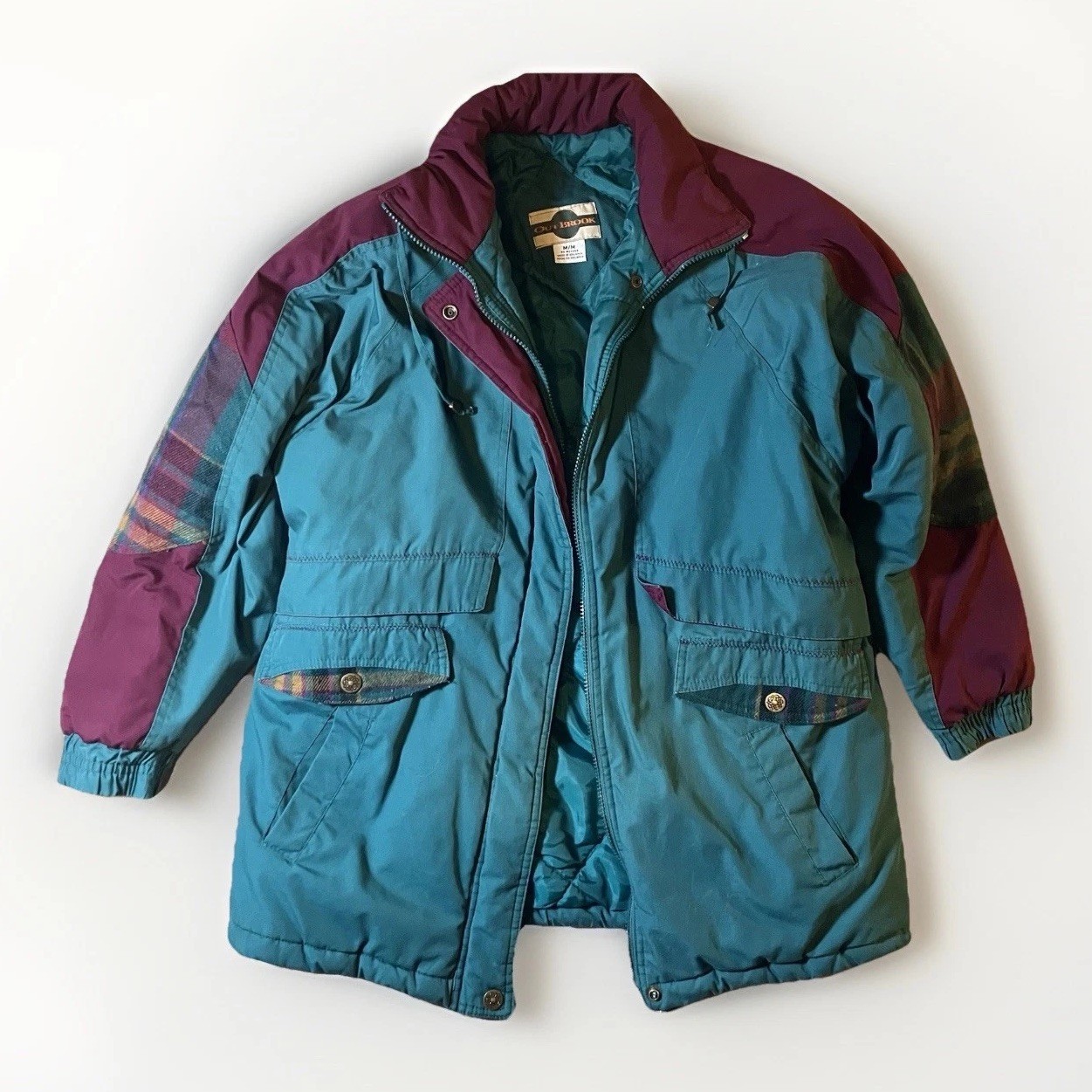 Vintage Out Brook Jacket Plaid Patches Teal Women’s Coat Size Medium