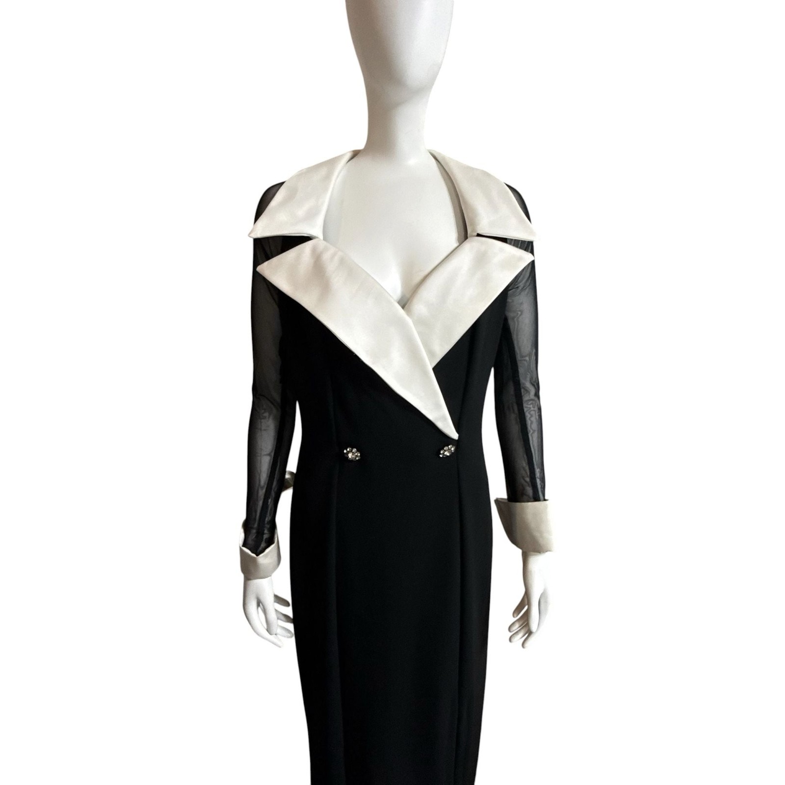 Vintage Tuxedo Style Formal Maxi Dress with Sheer Sleeves and Contrast Lapels