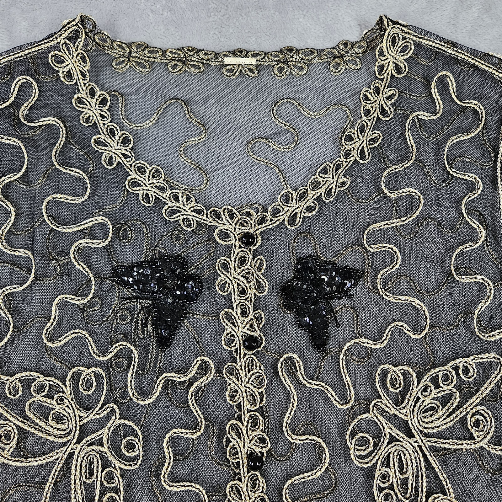 VTG Womens Butterfly 3D Embroidered Sheer Mesh Cardigan Shirt Black Gold No Tag