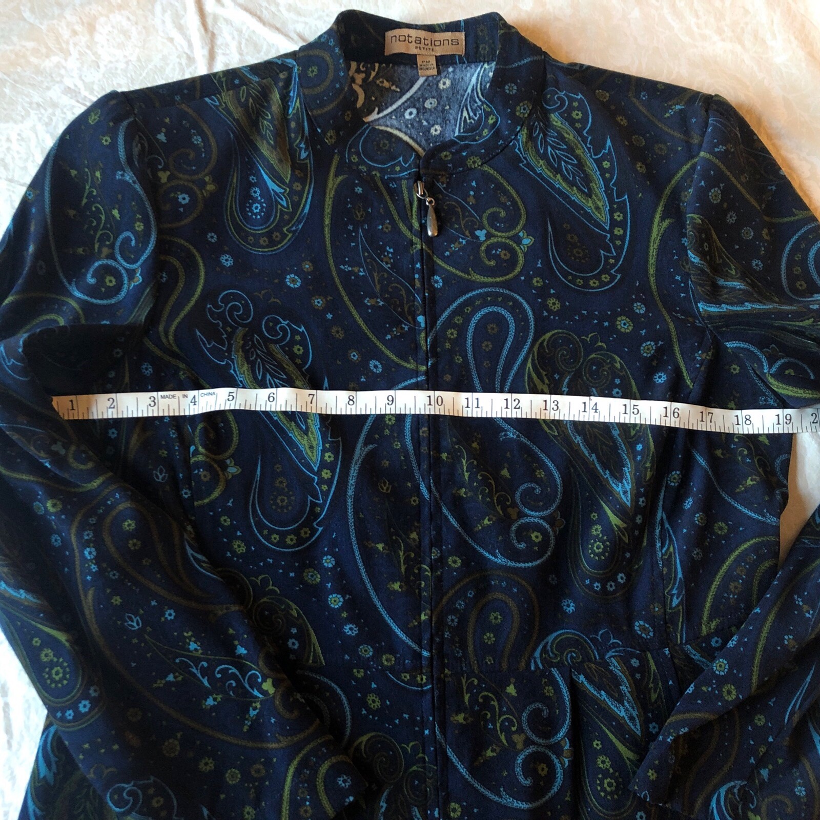 Vtg Notations Women PM Velvety Soft Lightweight Blue Paisley Zip Jacket Stretch
