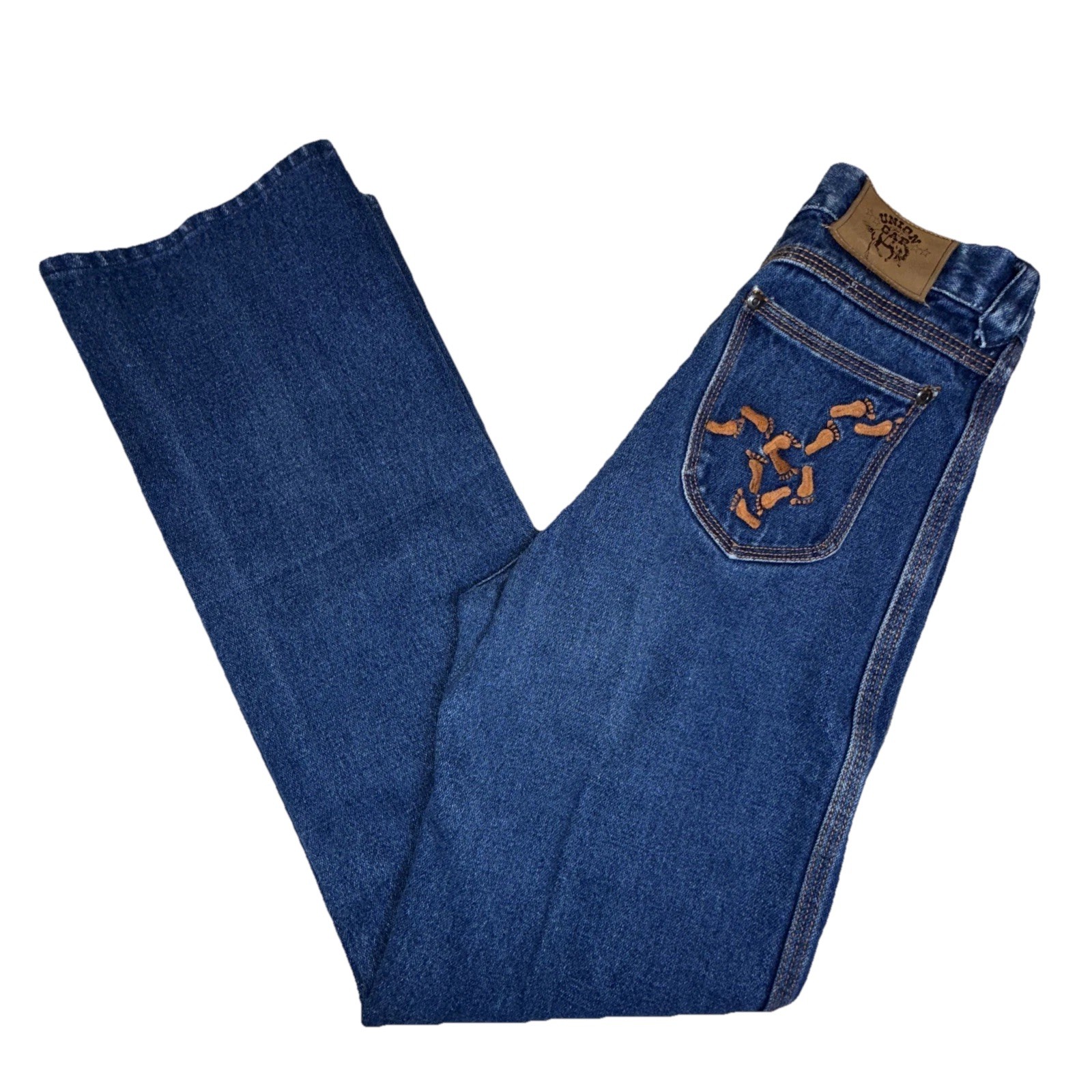 Vintage 70s Union Gap Wide Leg Jeans Footprint Stitching Embroidered 26×30