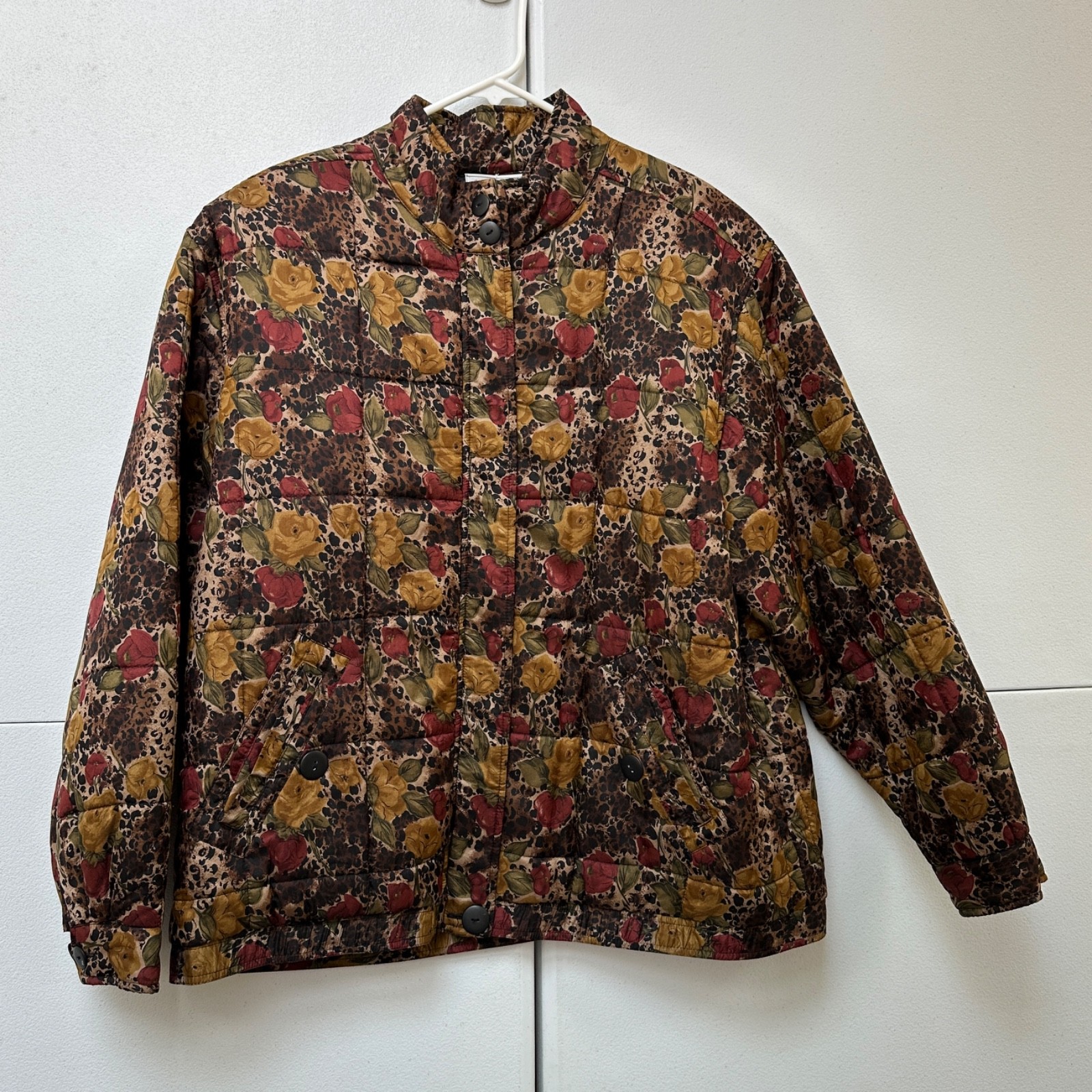 VTG 90s Anna and Frank Silk Quilted Jacket Large Leopard Floral Puffer Coat Warm