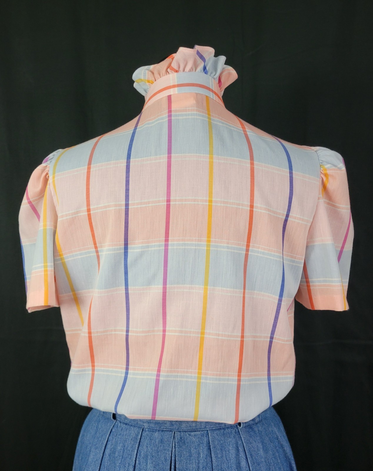 Vtg Lucky Winner Peach/Blue/Pink/Purple Plaid Top w Ruffled Collar Size 11/12