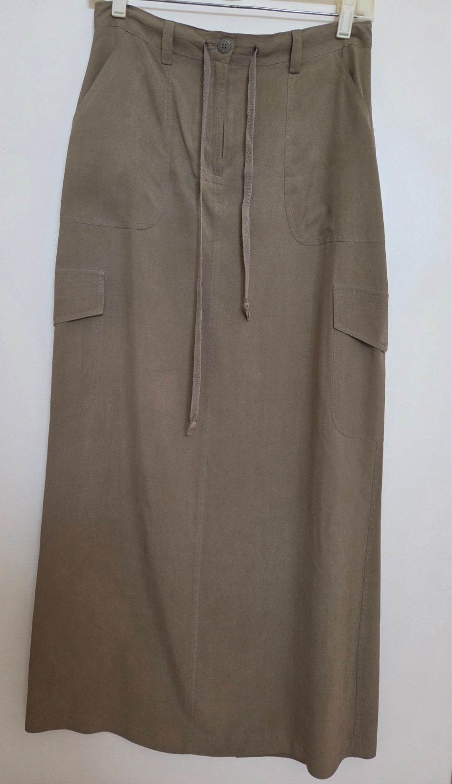 Vintage Carole Little Maxi Khaki Green Silk Cargo Skirt with adjustable waist