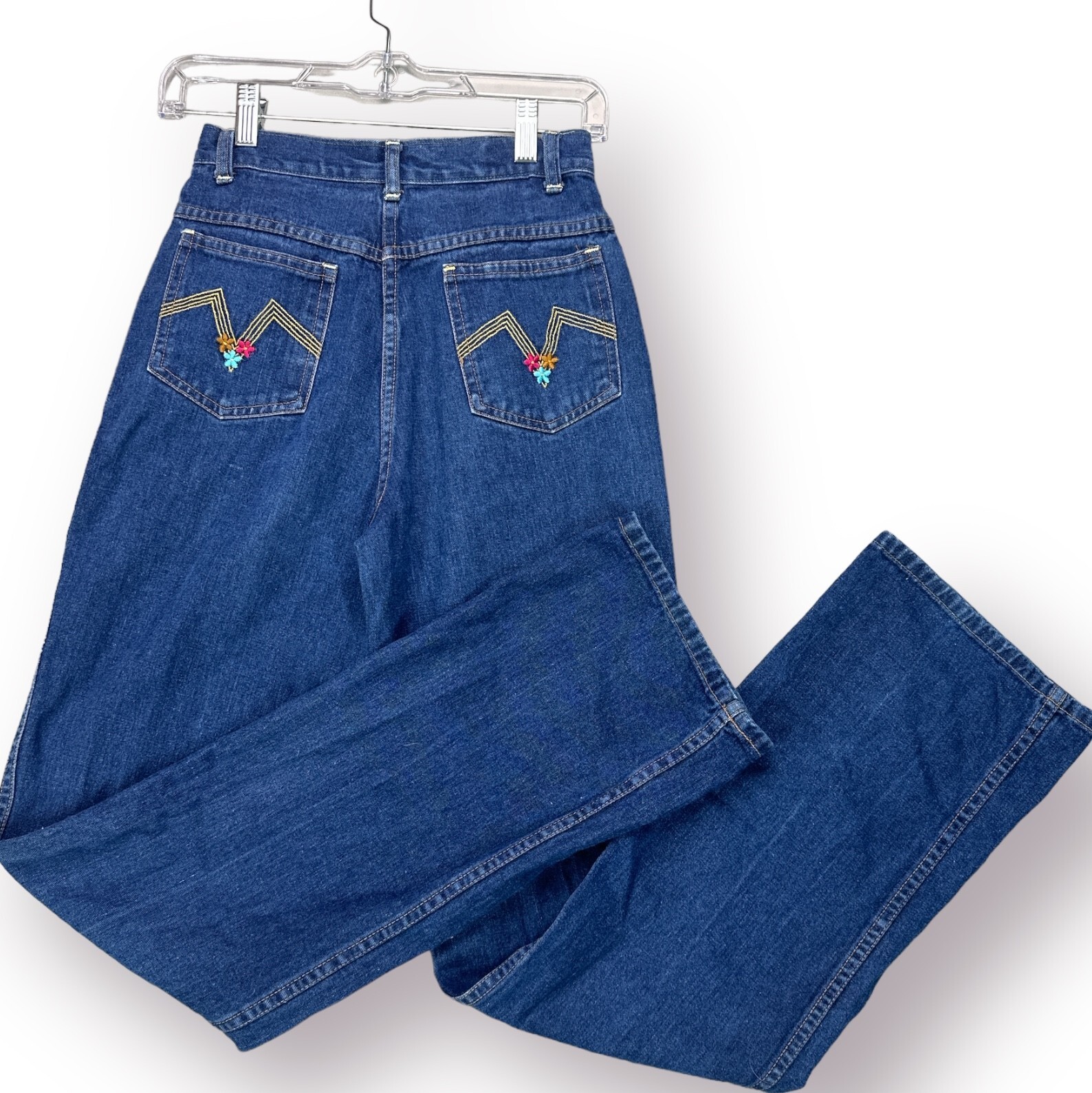 Vintage 70s Jeans Denim Womens 24″ Waist High Rise Straight Embroidered Pockets