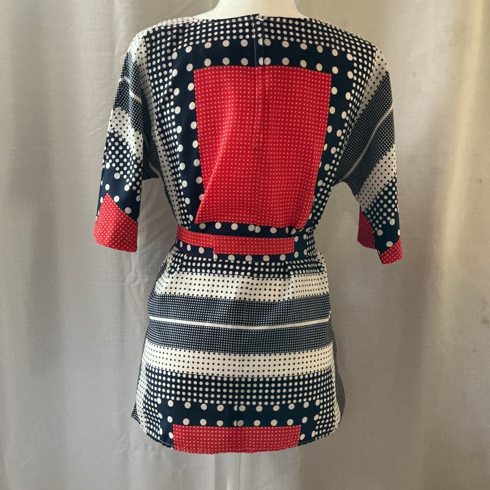 Loubella Tunic Top Wms 10/11 Red Navy Polka Dot Geometric Mod Vintage 70s Retro