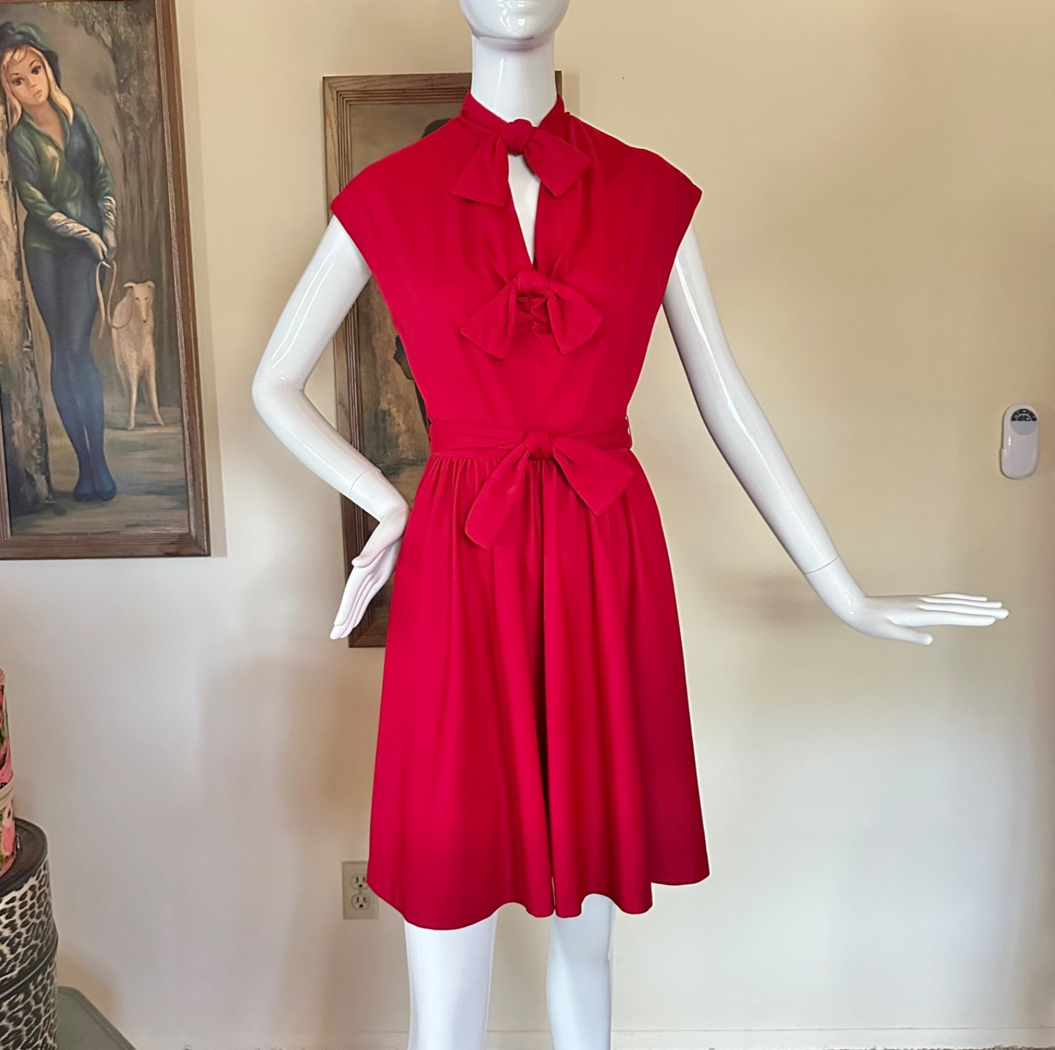 Vtg 1970s Red Peekaboo Cut-out Bows Disco Mini Day Dress Young Innocent Arpeja S