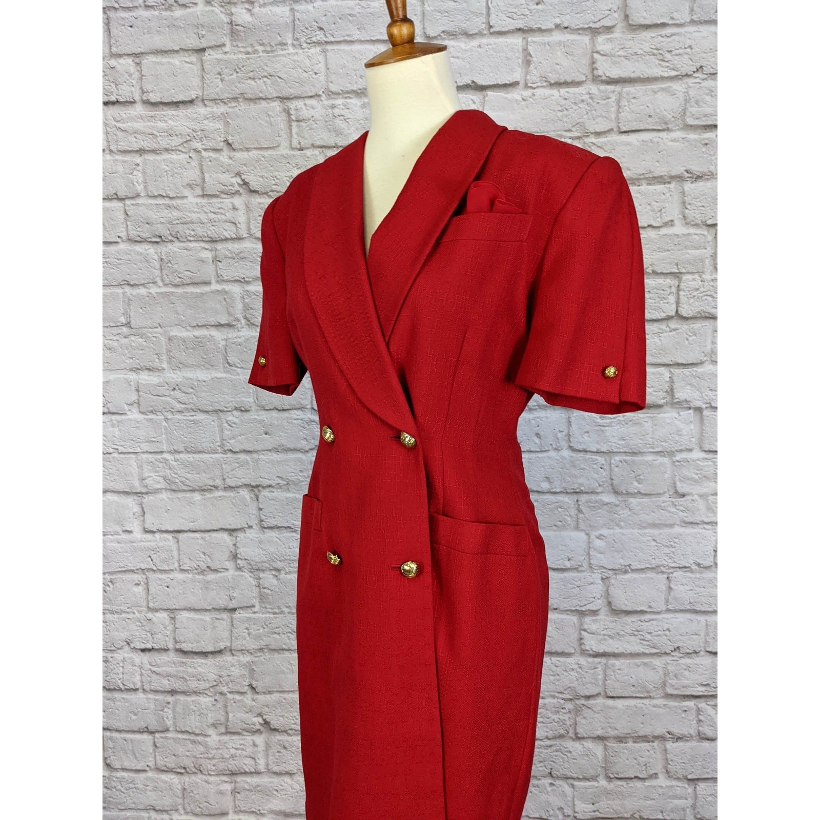 Vintage 80’s Sheath Dress – Red Double Breasted Button Front Size 6 Petite