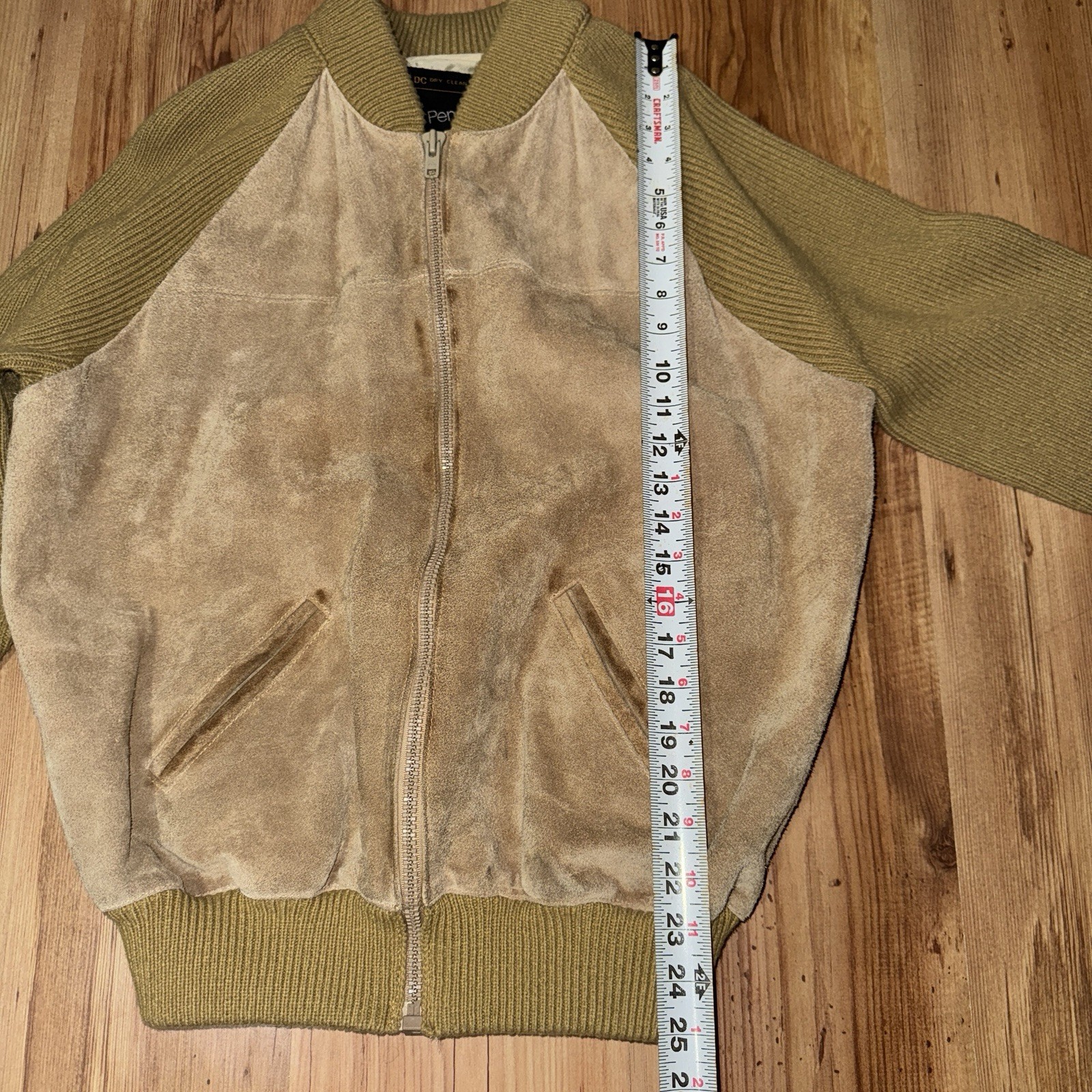 1970s JCPenny Beige/Yellow Cowhide Split Leather Bomber Women’s XL VTG YKK