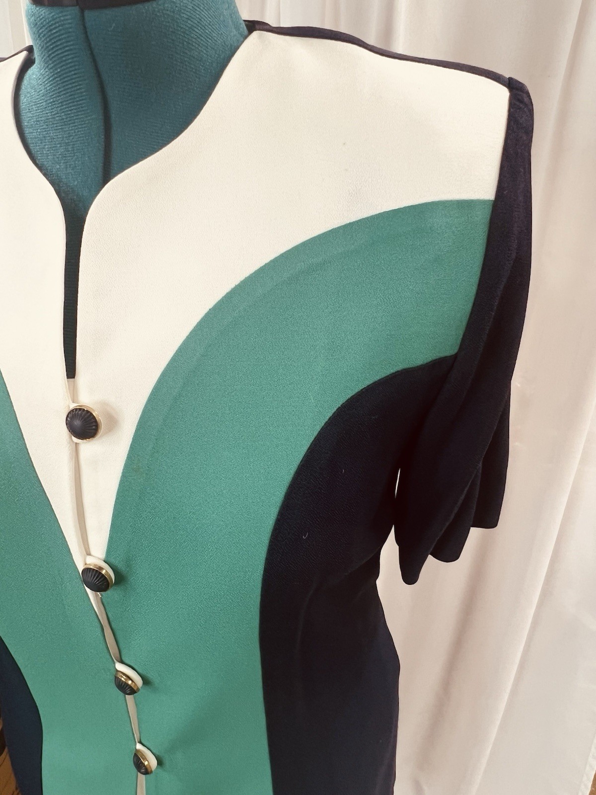 Vintage 80s DJ Summers Colorblock Skirt Suit Green Navy Cream Geometric Size 12