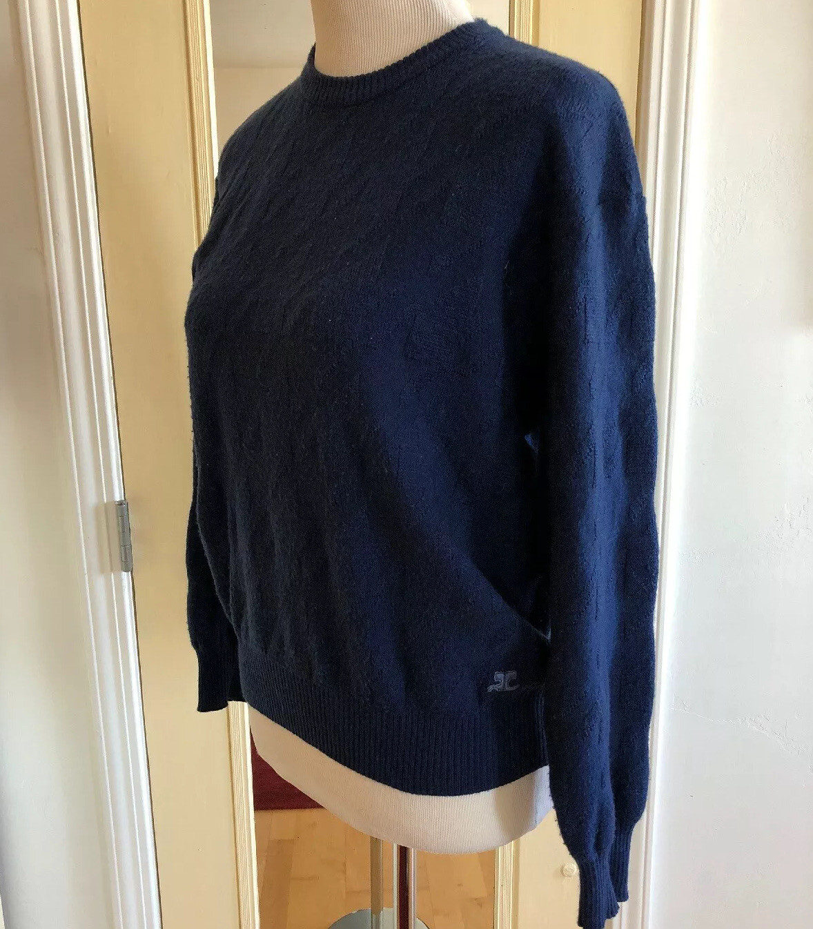Vintage Courreges Paris Womans Blue Crew Neck Sweater Taille C
