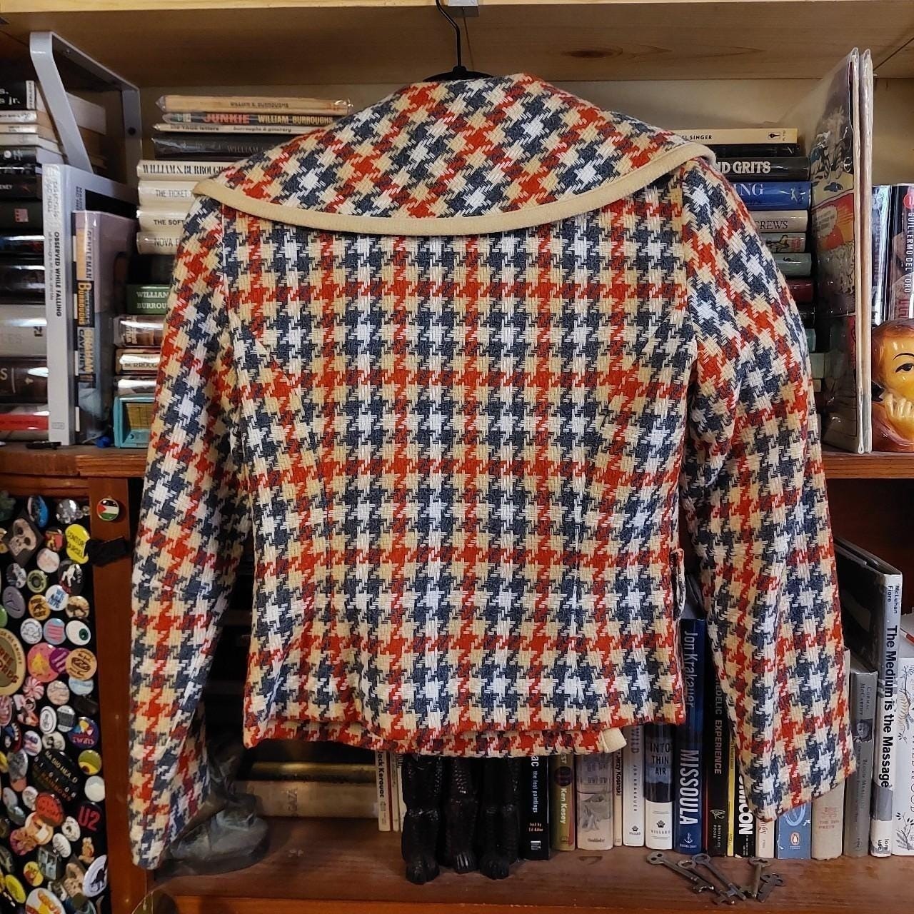 Vintage Country Set deadstock grey, tan, orange, and white houndstooth jacket.