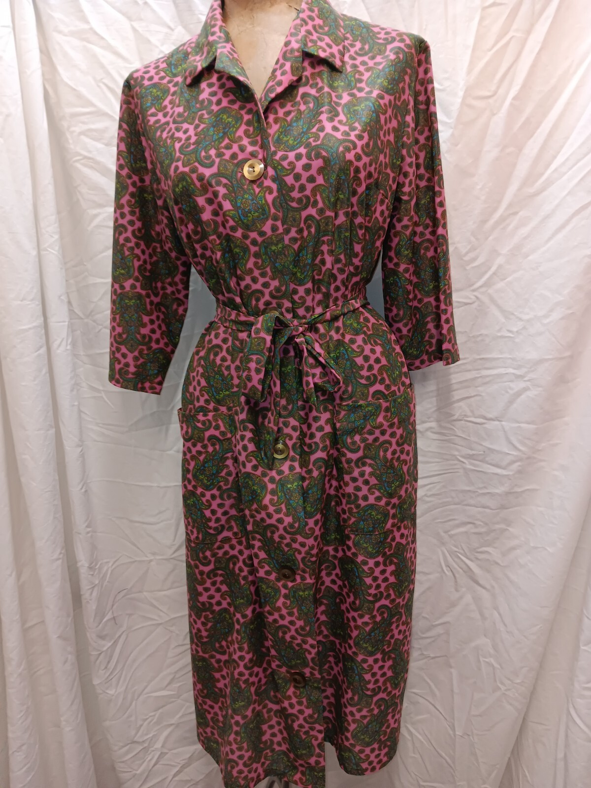 60s Pink Dark Green Blue Paisley Jersey Nylon Button Front Dress by Solida M/L