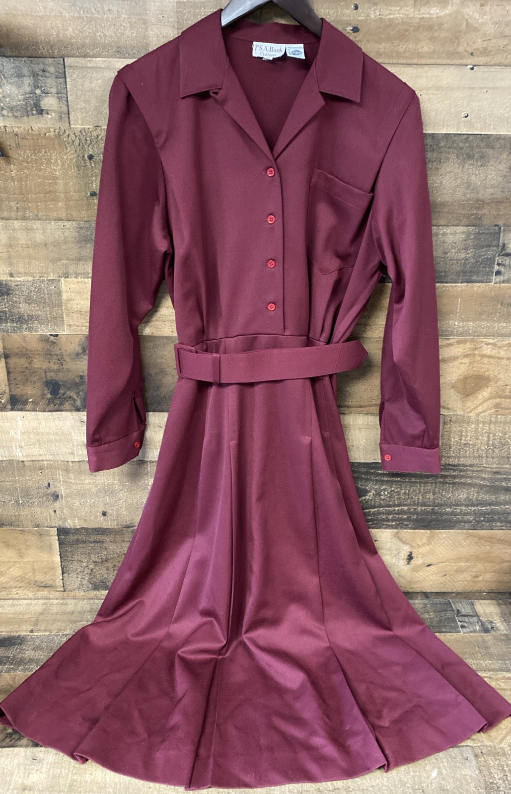 Vintage Jos. A. Bank Clothiers Burgundy Dress Long Sleeve Belt 100% Wool Size 10