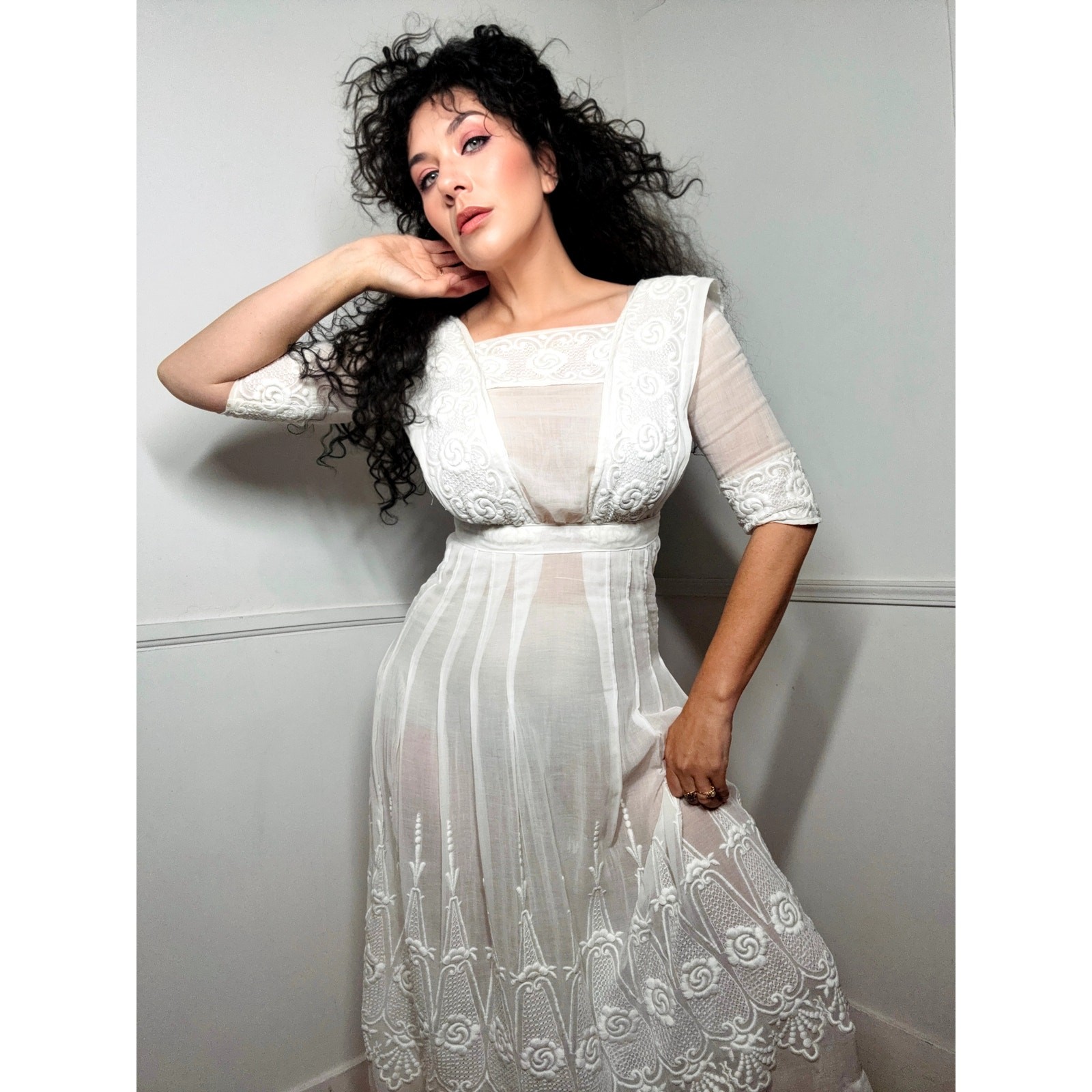 XXS Edwardian Antique Lawn Cotton Embroidered Dress