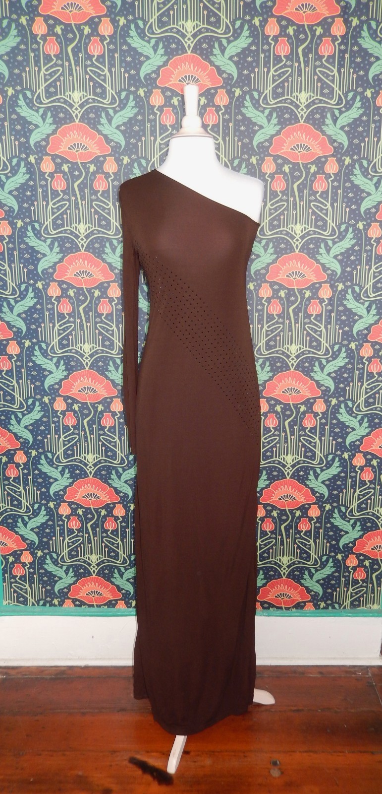 Vintage Y2K Chocolate Brown One Sleeve Shoulder Crystal Maxi Cocktail Dress XS