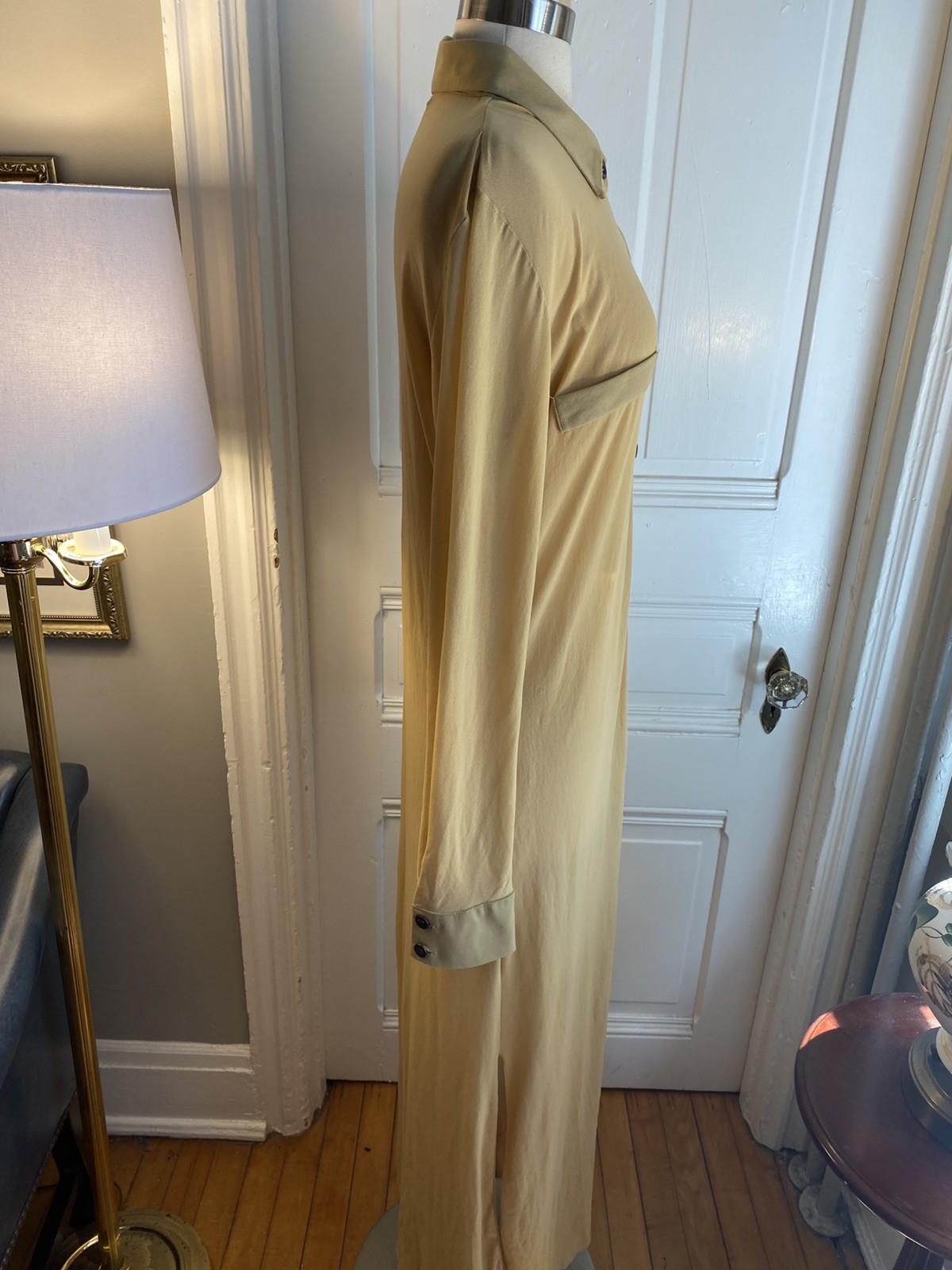 PETIT POIS BY VIVIANA G LONG A-LINE BEIGE DRESS-SIZEL-100% NYLON-BUTTON FRONT!!