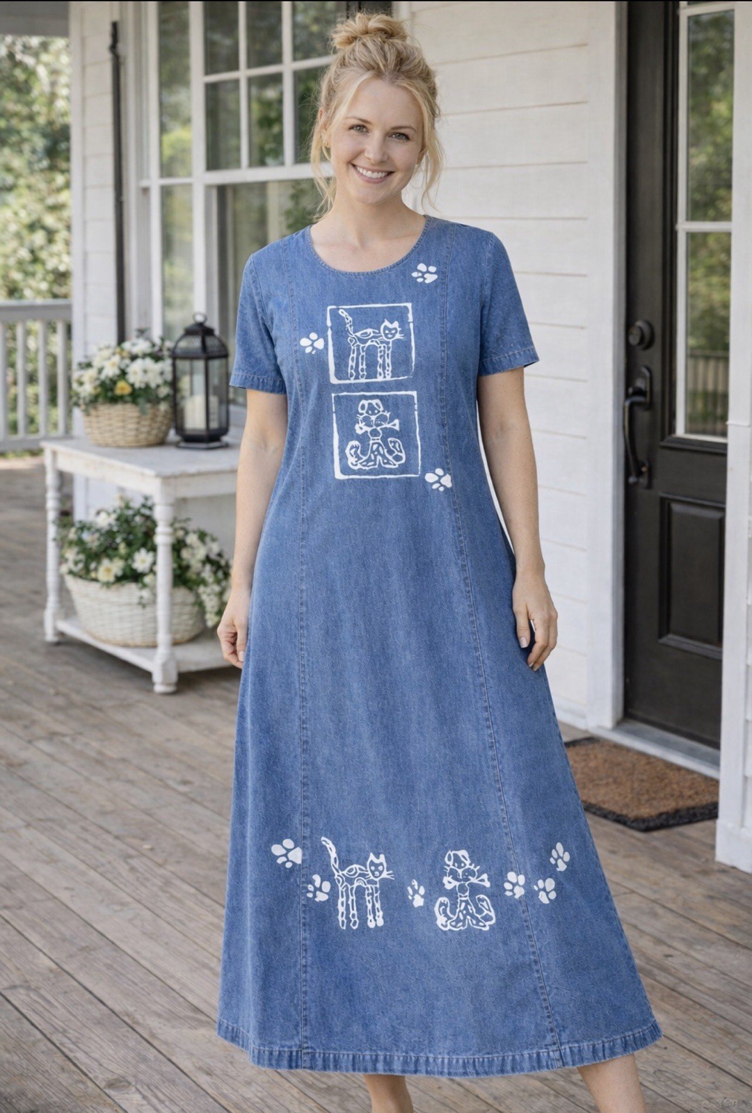 Vintage 80s Denim Maxi Dress Cat Dog Print Donna USA Med Folk Art Quirky Modest