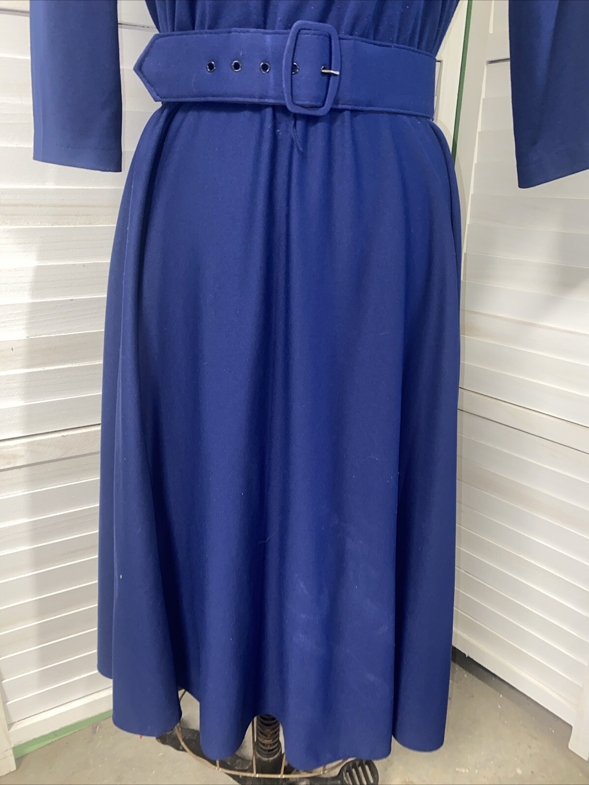 Vtg 80s Whirlaway Frocks Navy 3/4 Sleeves Pleated Belted Fit & Flare Dress Sz 10