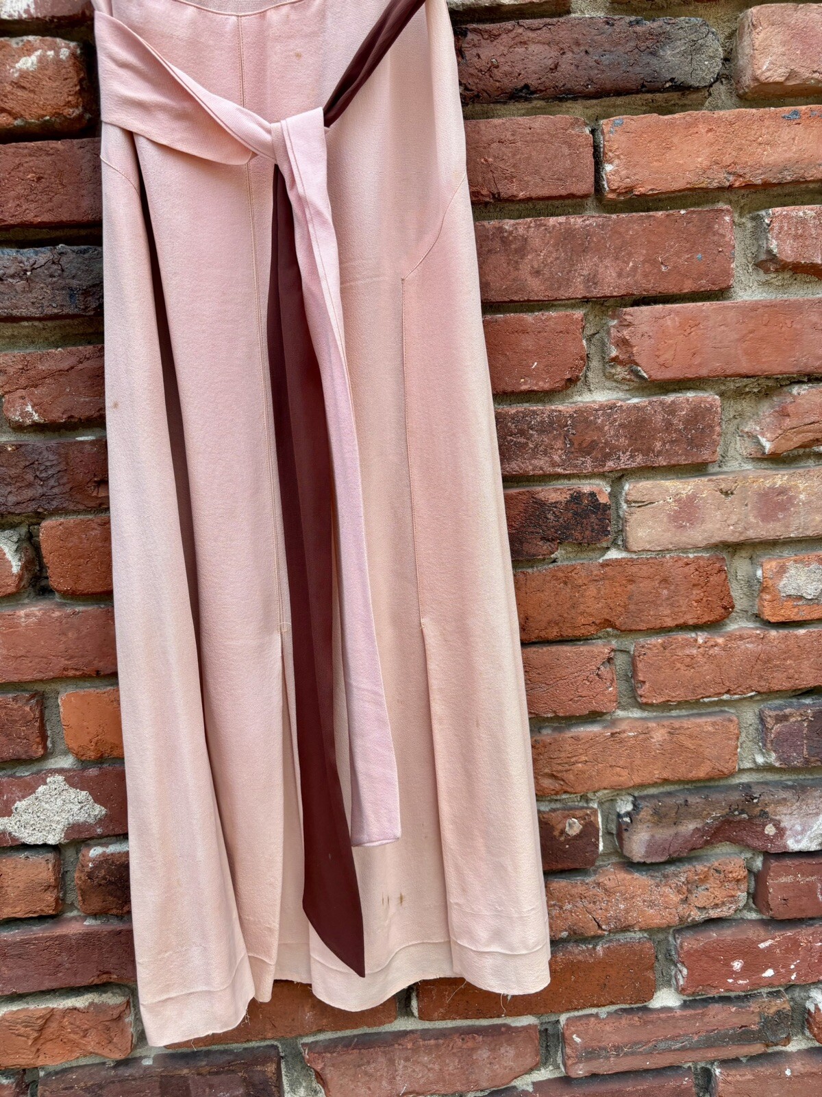 Antique Vintage 1930s Silk Rayon Pink & Brown Sleeveless Dress w/ Belt AS IS