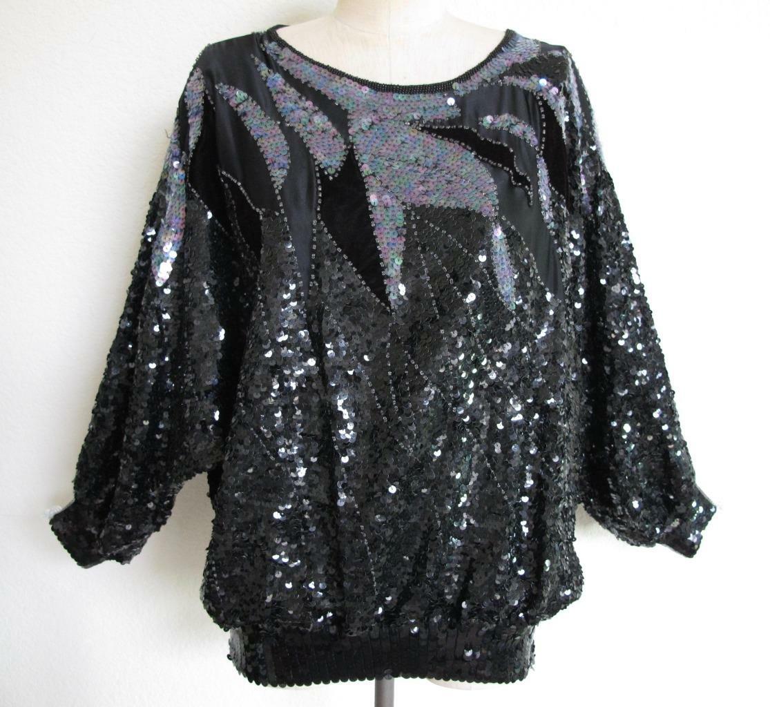 Vintage Silk Beaded Sequin Batwing Top M 80s Blouson Black Velvet Three Flaggs