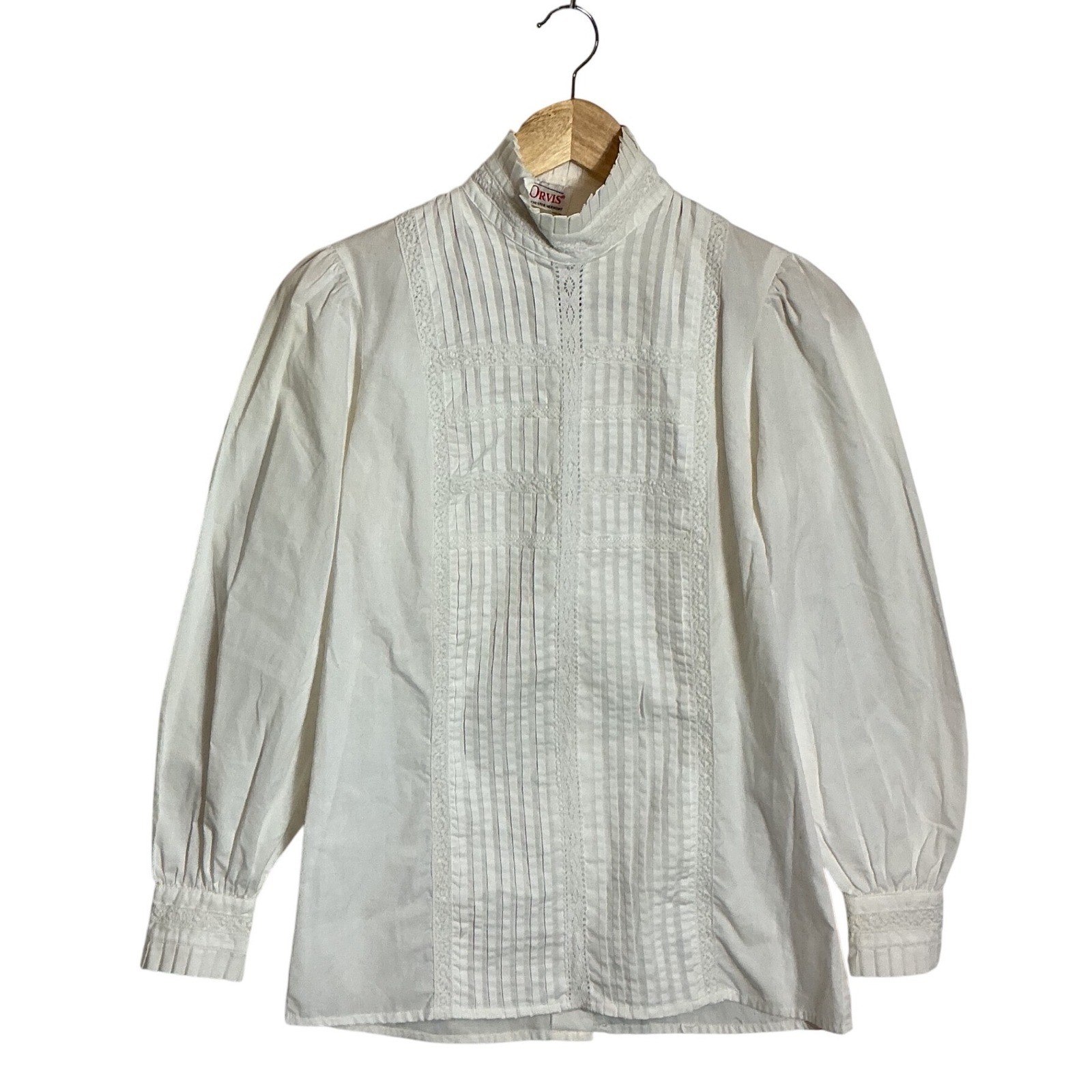 Vintage Orvis White Pleated Collar Lace Pintuck Button Back Victorian Top Small