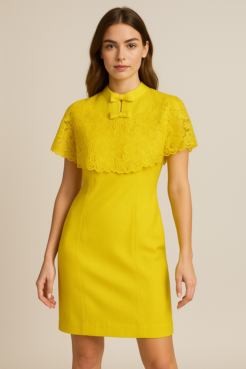 Vtg 50s 60s MR BLACKWELL Yellow FLORAL Battenburg LACE CAPE Bow SHEATH Dress S M