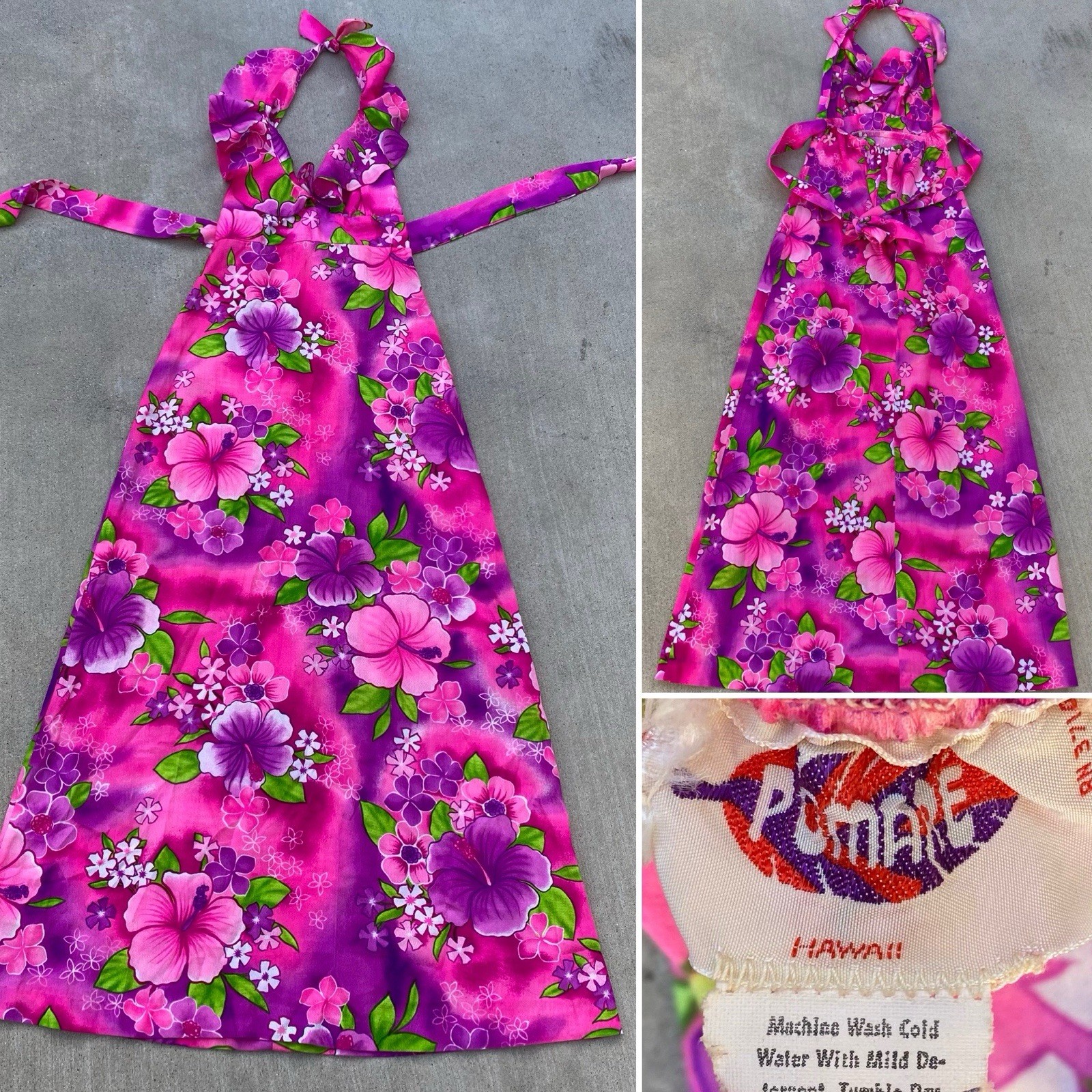 Vintage Pomare Hawaii Acrylic Hawaiian Halter Dress Ruffle Top Tiki Aloha Pink