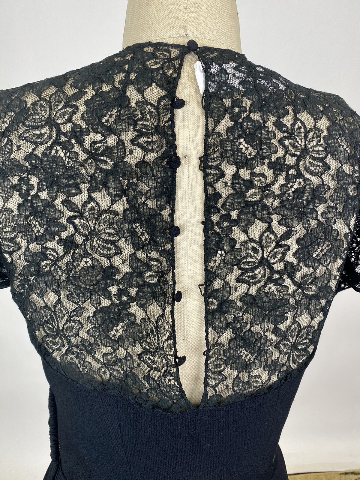 Antique Vintage 1930s Black Rayon Beaded Dress Lace Bodice Rouched Waist AS IS