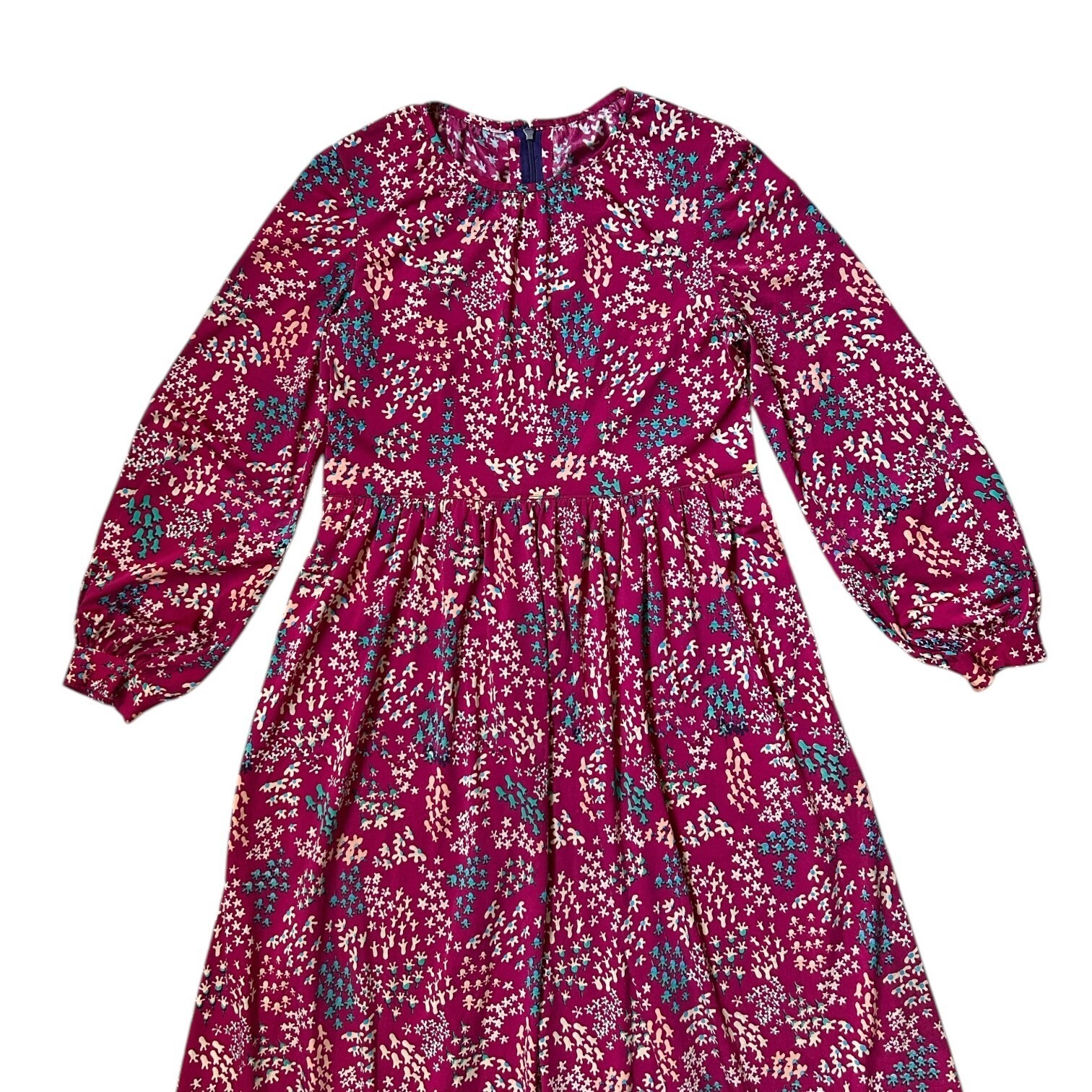 70s vintage floral hippy dress maxi puff balloon sleeve abstract retro pattern.