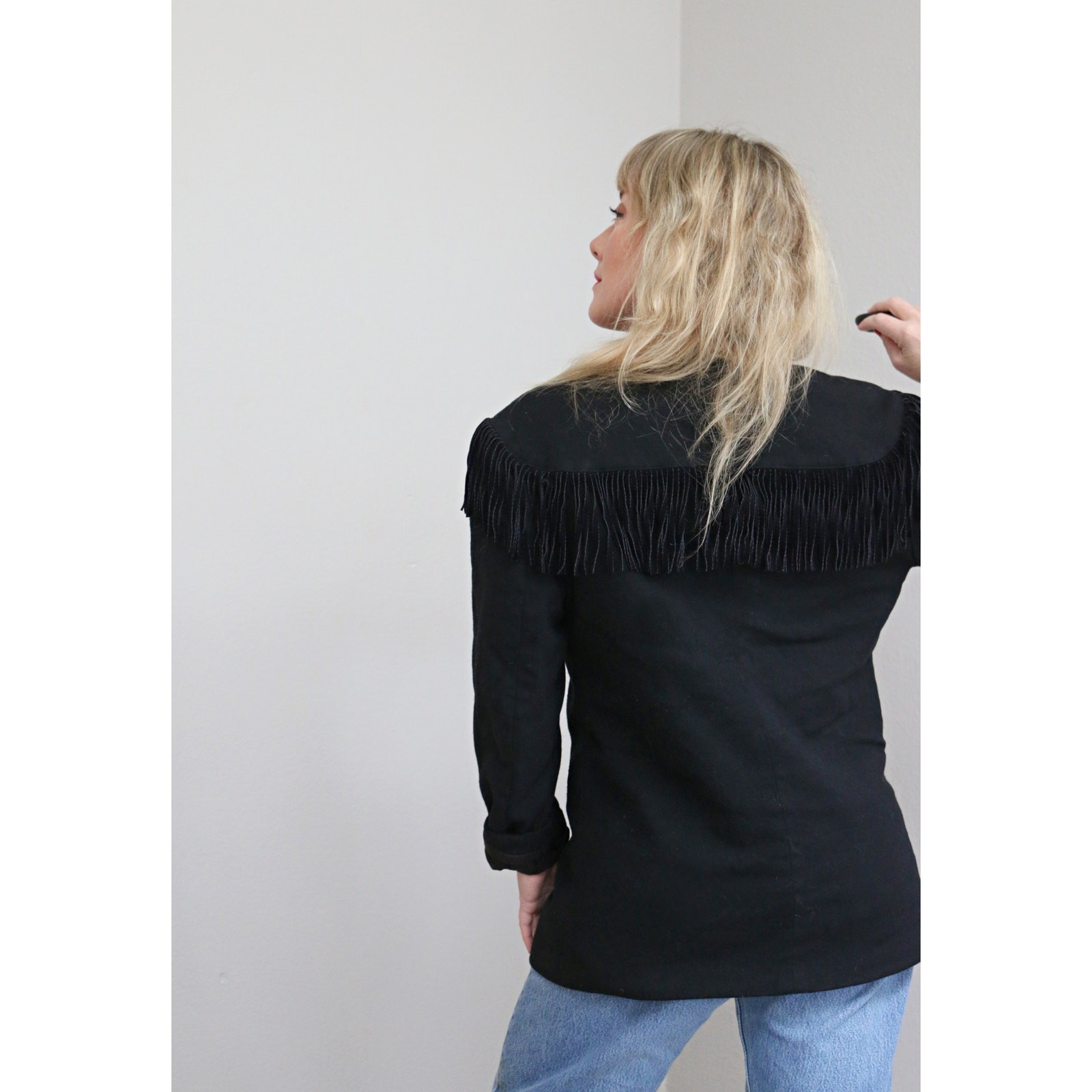 1990’s Vintage Adolfo Black Wool Fringe Blazer ~ Women’s MD LG ~ Western Jacket