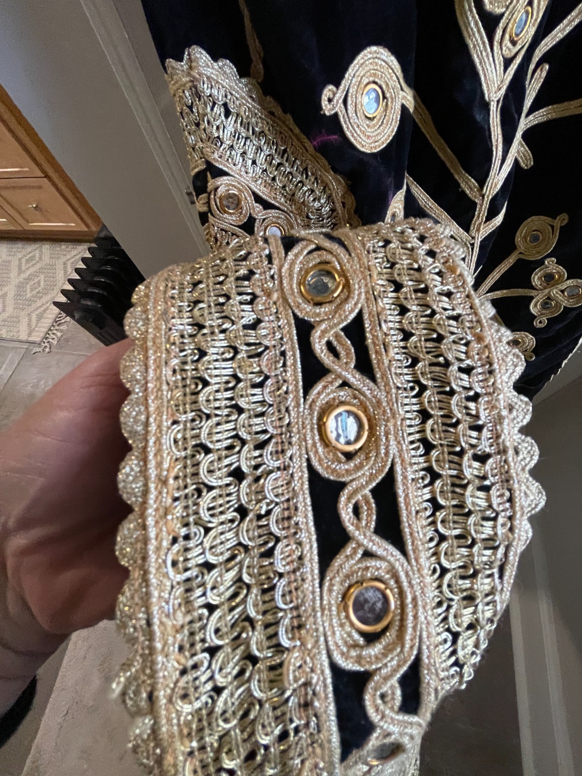 Vintage Black Velvet Dress with Mirrors and Gold Brocade Embellishments