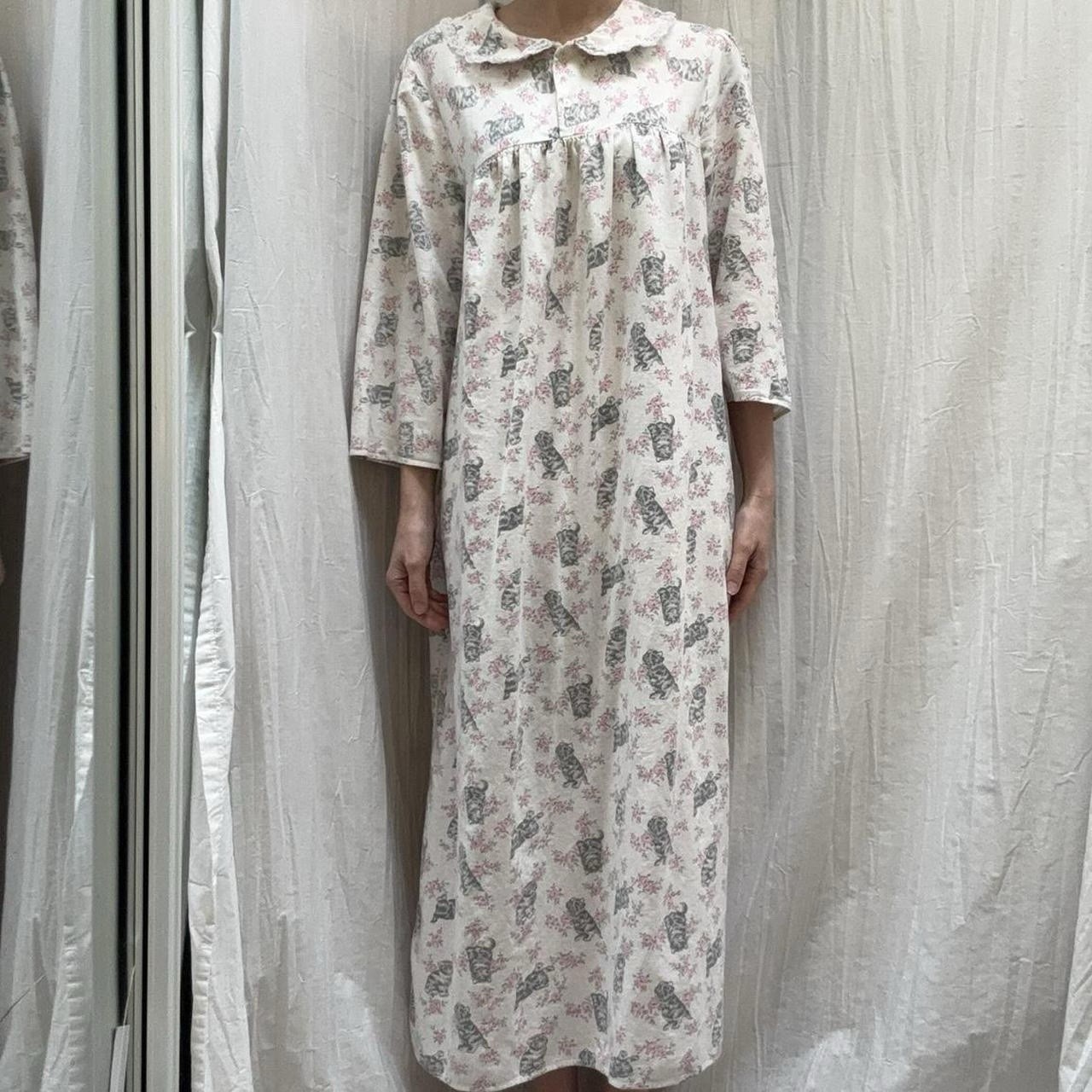 Grey Kitten Print Maxi Nightgown Peter Pan Collar Vintage 80s Spotlight Cotton M