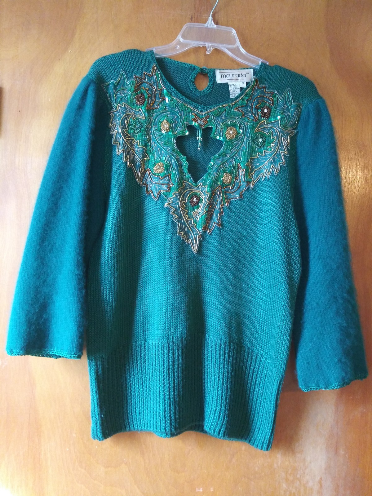 Vtg 80’s Maurada Emerald Green Beaded Pullover Sweater Small