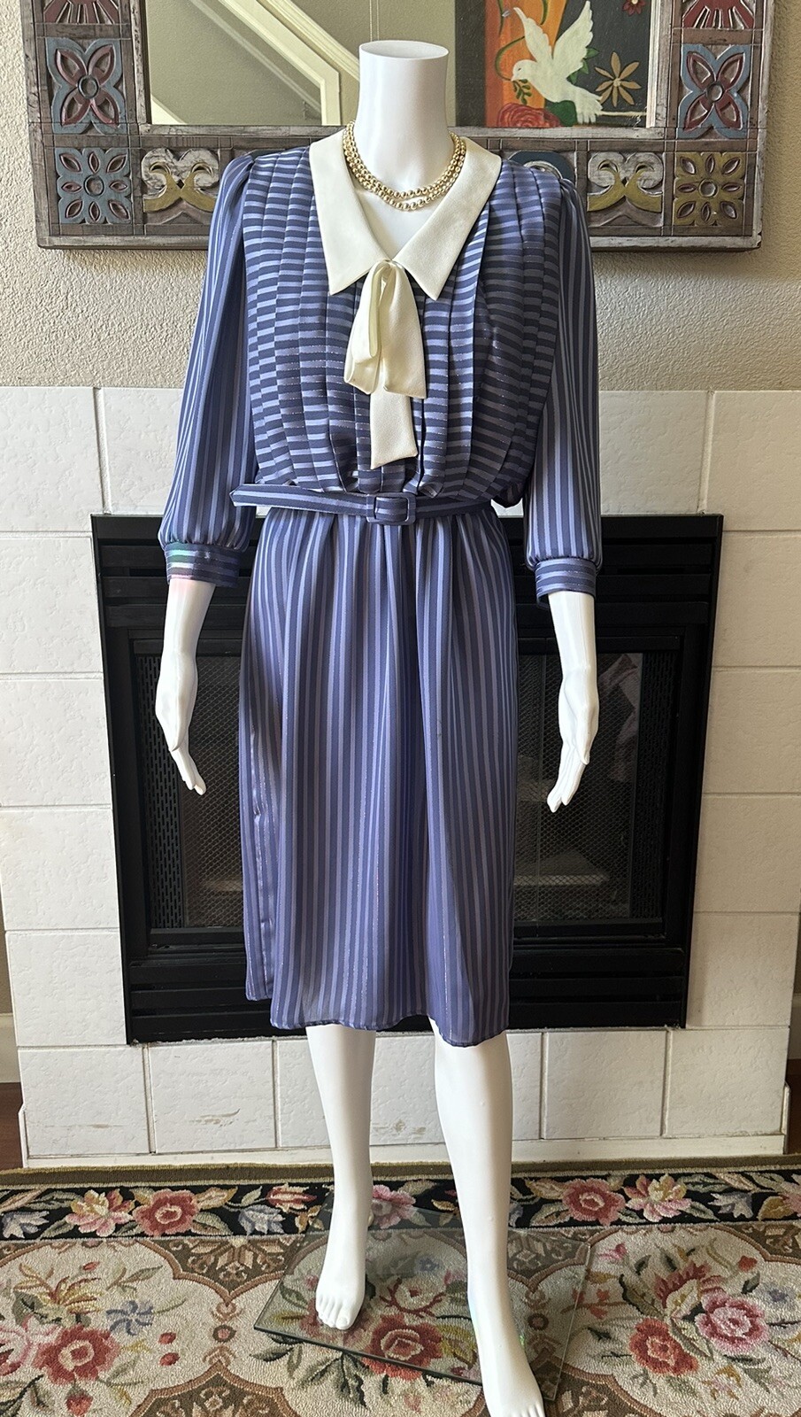 Vtg 80s JSJ Belted Dress Womens Polyester Blue Dynasty Style 34” Bust 28” Waist